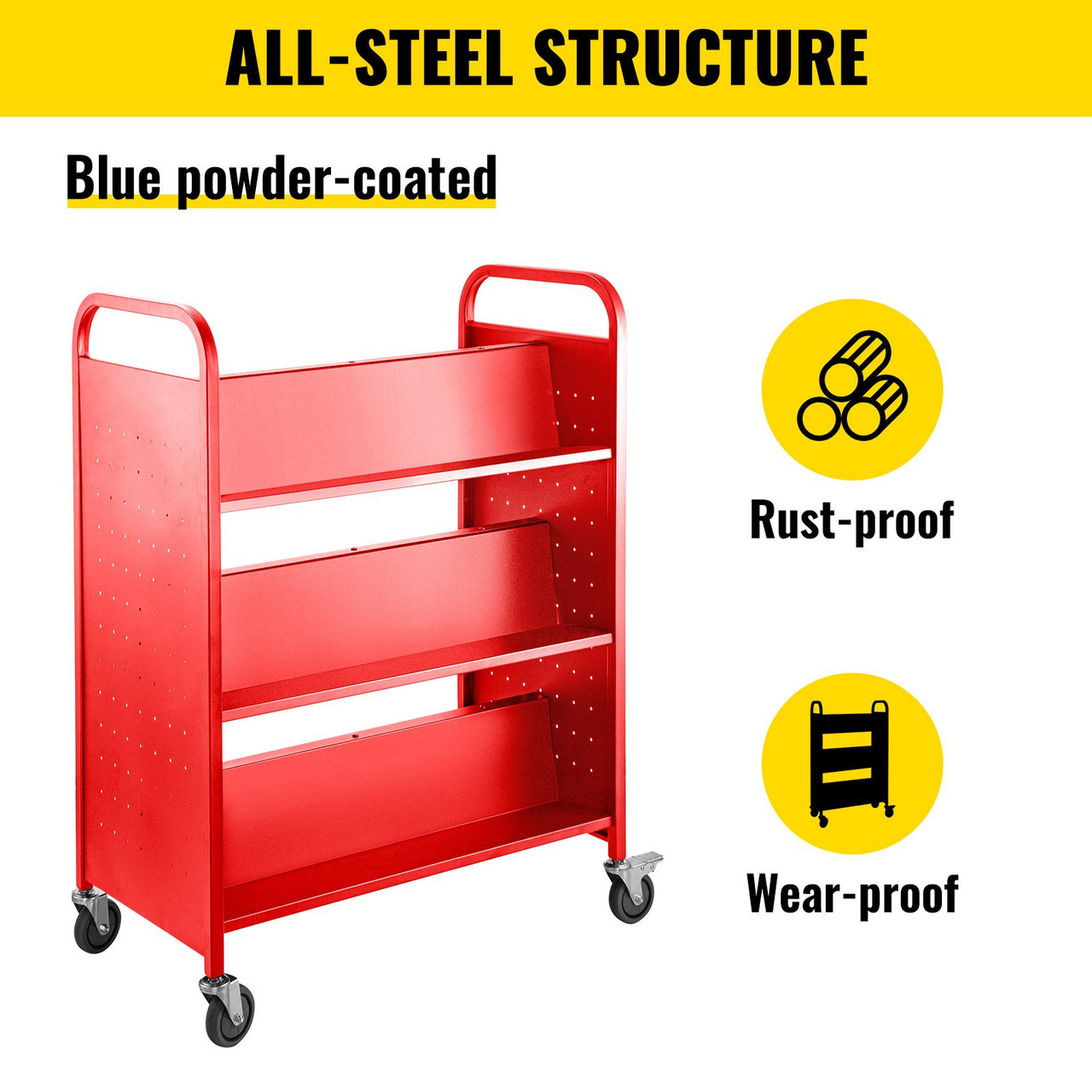 Book Cart Library Cart 200lb with Double Sided W-Shaped Sloped Shelves in Red