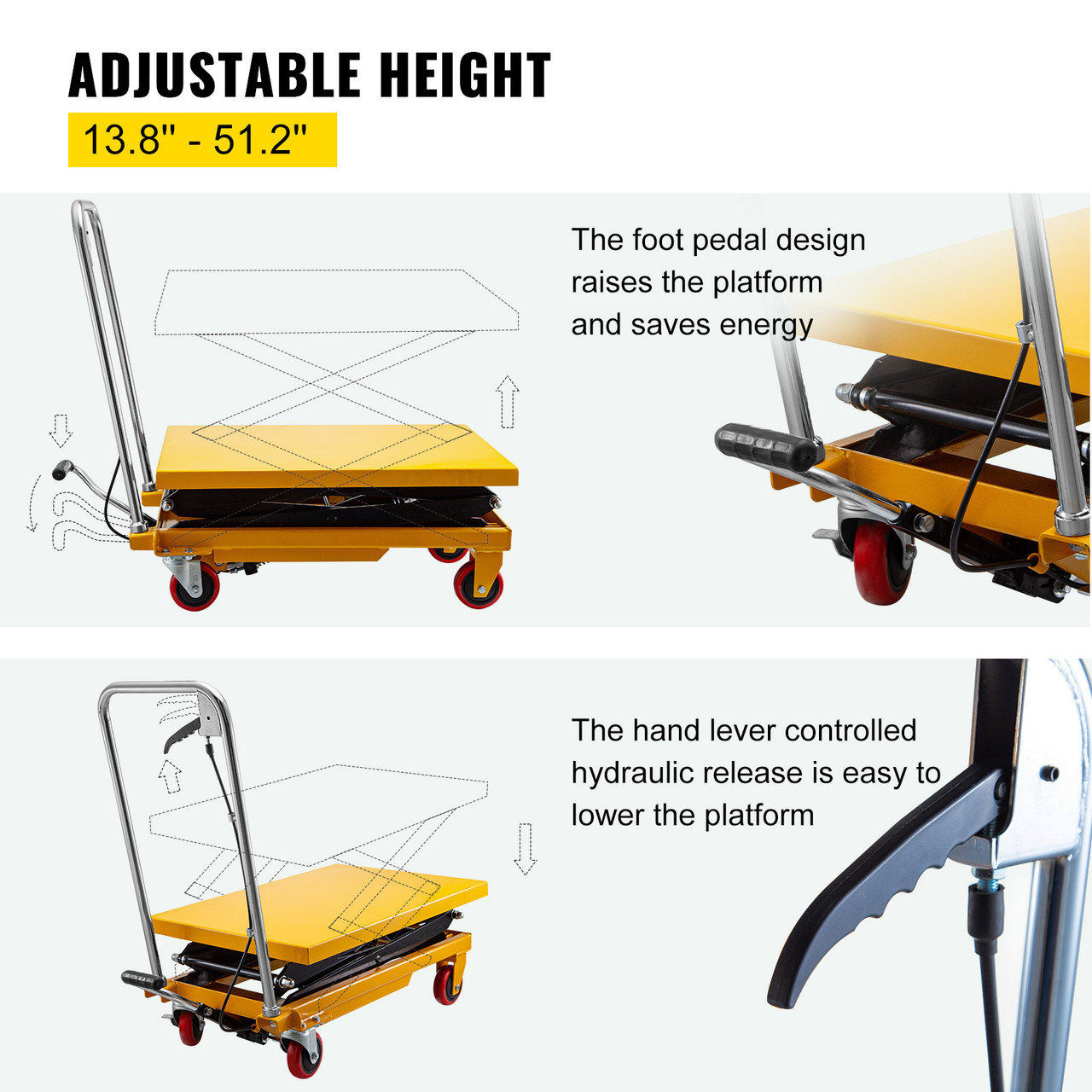 Hydraulic Lift Table Cart, 770lbs Capacity Hydraulic Scissor Cart, 51.2" Lifting Height Scissor Lift Table, Double Scissor Lift Cart w/Foot Pump, 27.6" x 17.7" Table Size, for Freight Lifting