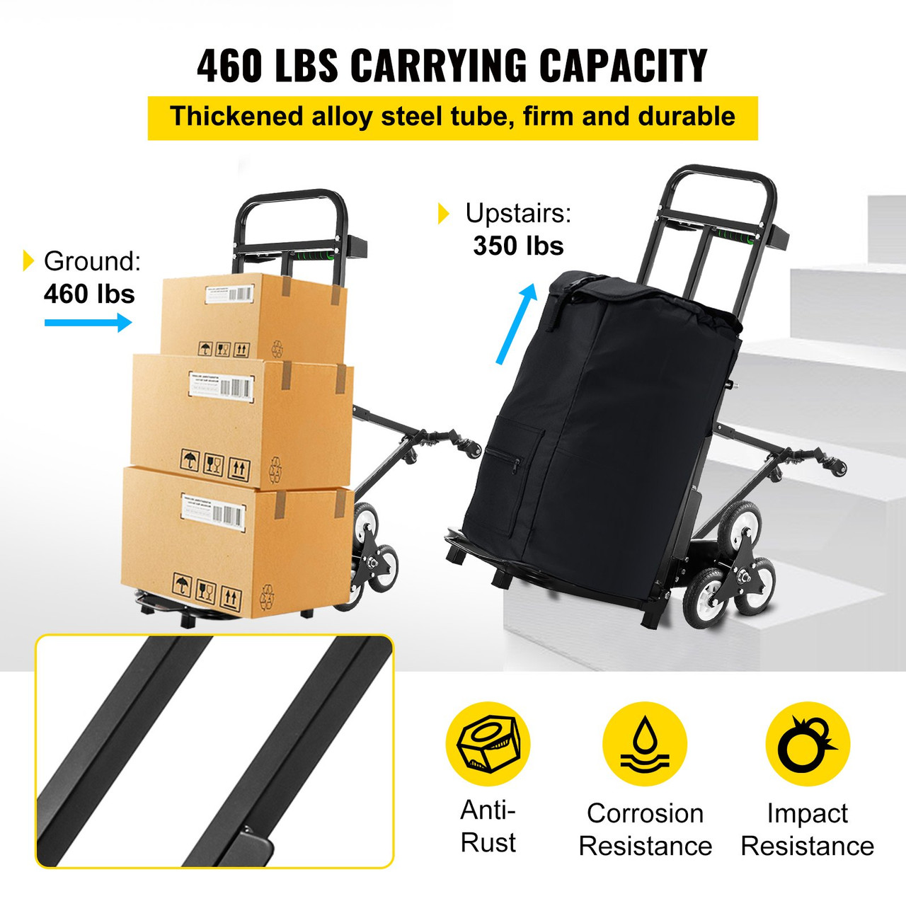 Stair Climbing Cart 460lbs Capacity, Portable Folding Trolley with 5Inch and 1.5Inch Wheels, Stair Climber Hand Truck with Adjustable Handle, All Terrain Heavy Duty Dolly Cart for Stairs