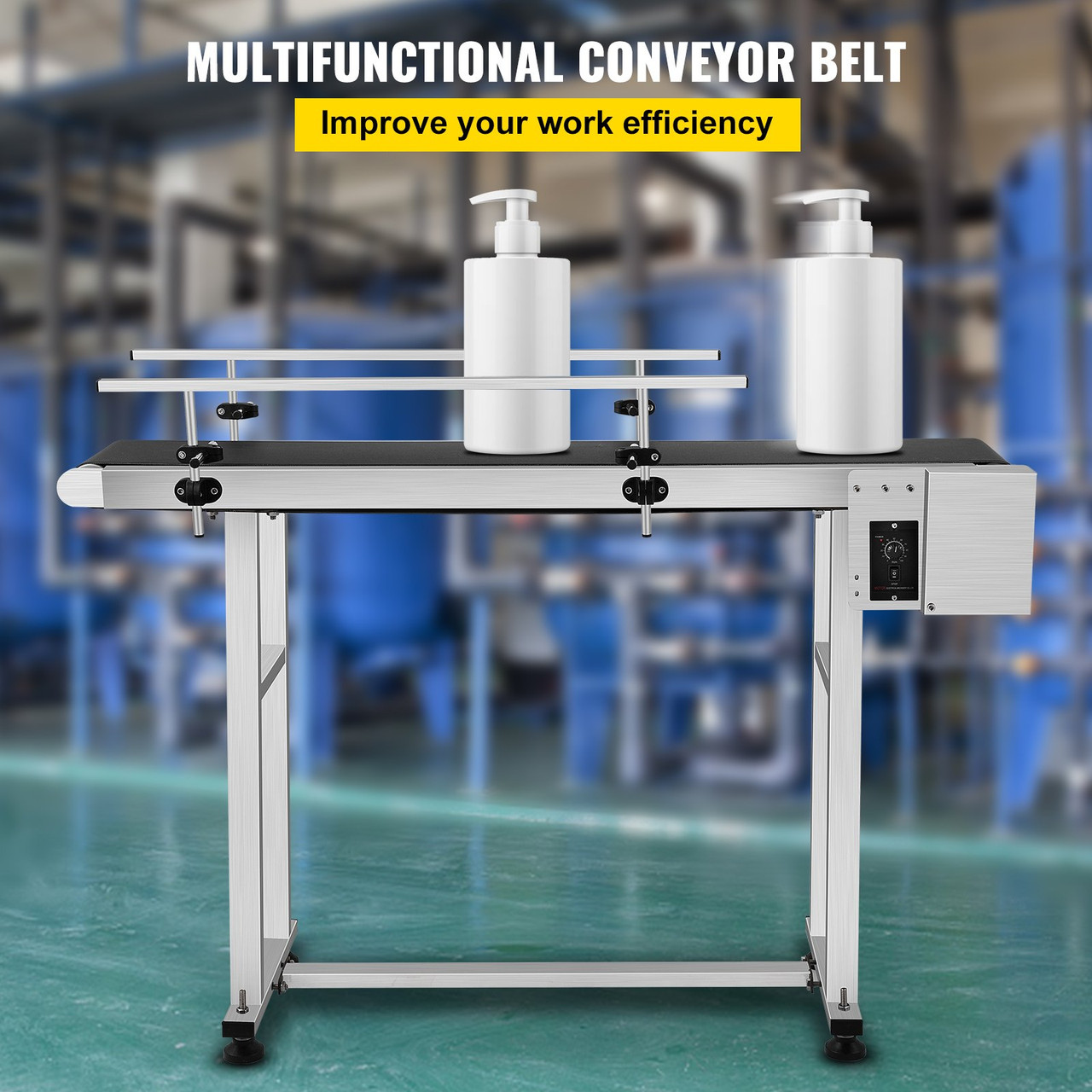 PVC Belt Conveyor 59Inch Length, Electric PVC Conveyor 7.8 Width, 110V Adjustable Automatic Speed, Conveyor Machine with Double Guardrail, in Stainless Steel, Industrial Transport Equipment
