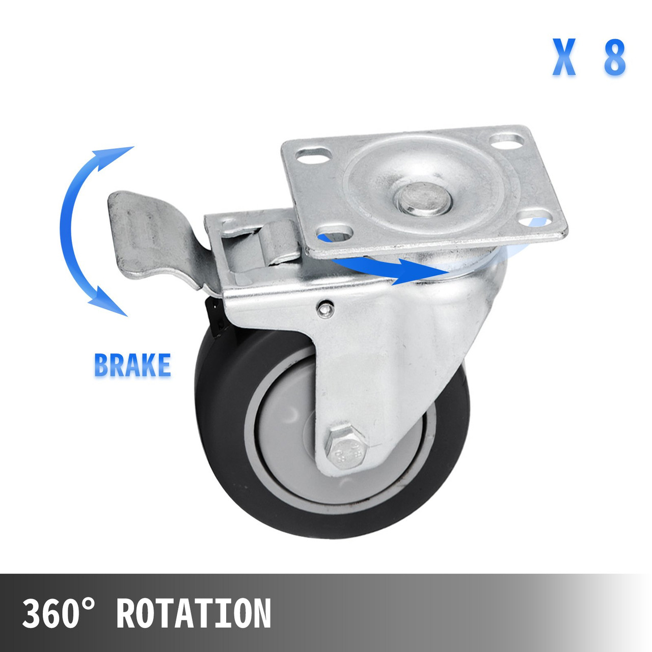 16 Brake Wheel Caster 5" Wheel All Swivel Heavy Duty Iron Hub No Mark Casters