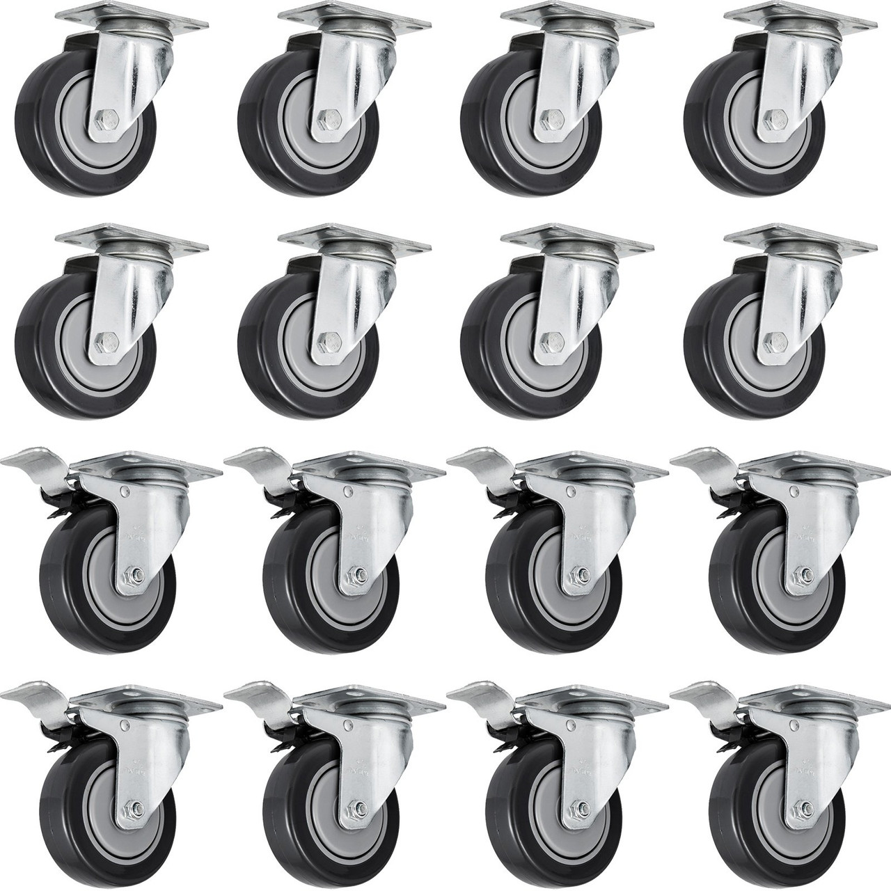 16 Brake Wheel Caster 5" Wheel All Swivel Heavy Duty Iron Hub No Mark Casters