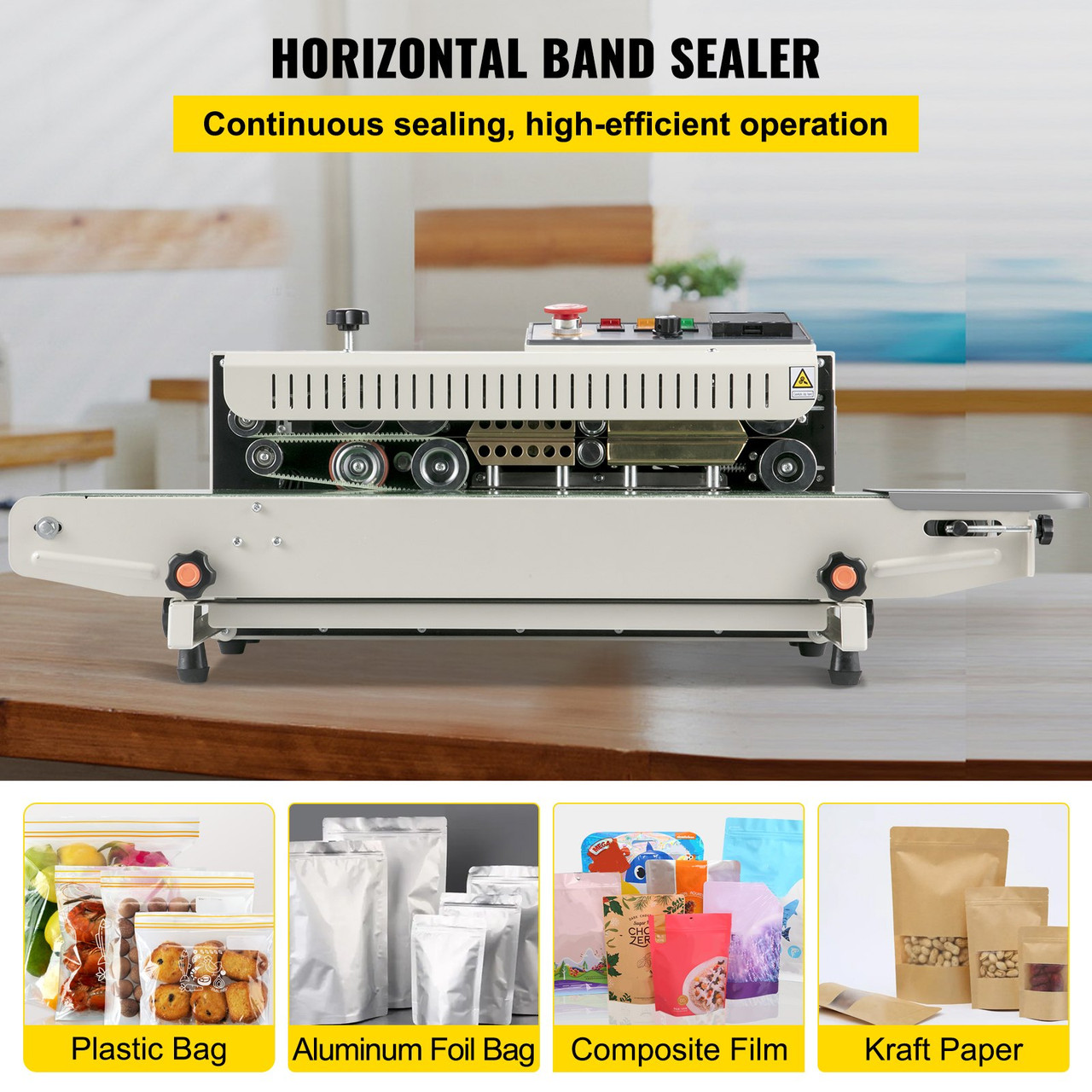 Continuous Bag Band Sealing Machine FR770A Horizontal Bag Sealer with Digital Temperature Control Band Sealer Machine for 0.02-0.08 mm Plastic Bags Continuous Band Sealer with Printing Function