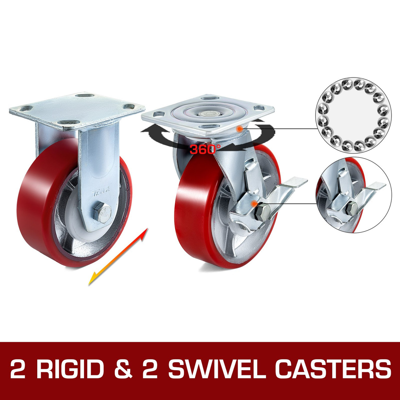 6" X 2" Polyurethane Casters 2 Rigi 2 Swivel No Marking Flexibly 360Ã¸swivel