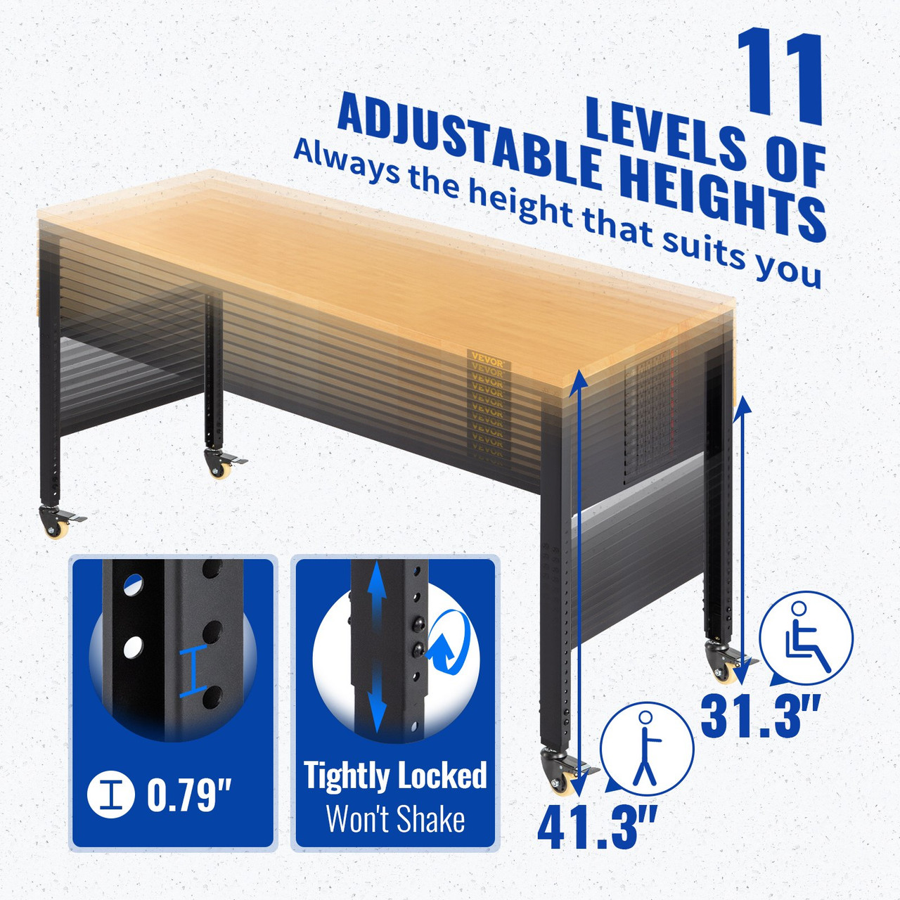 Adjustable Height Workbench 61"L x 20"W Work Bench w/ Power Outlet Casters