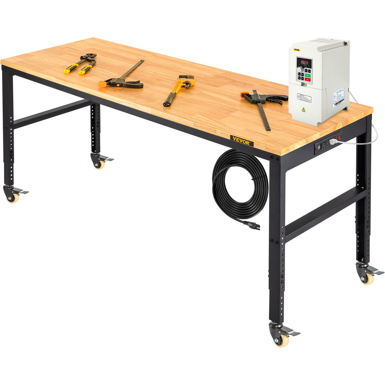 Adjustable Height Workbench 61"L x 20"W Work Bench w/ Power Outlet Casters
