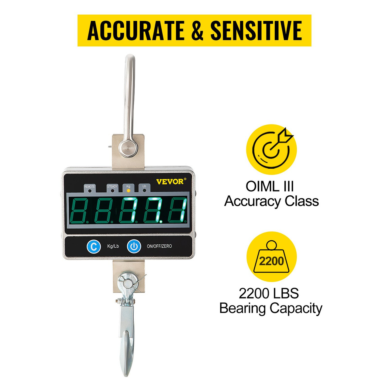 High Precision 1000KG 2200LBS 1T Aluminum Digital Crane Scale Heavy Duty Silver