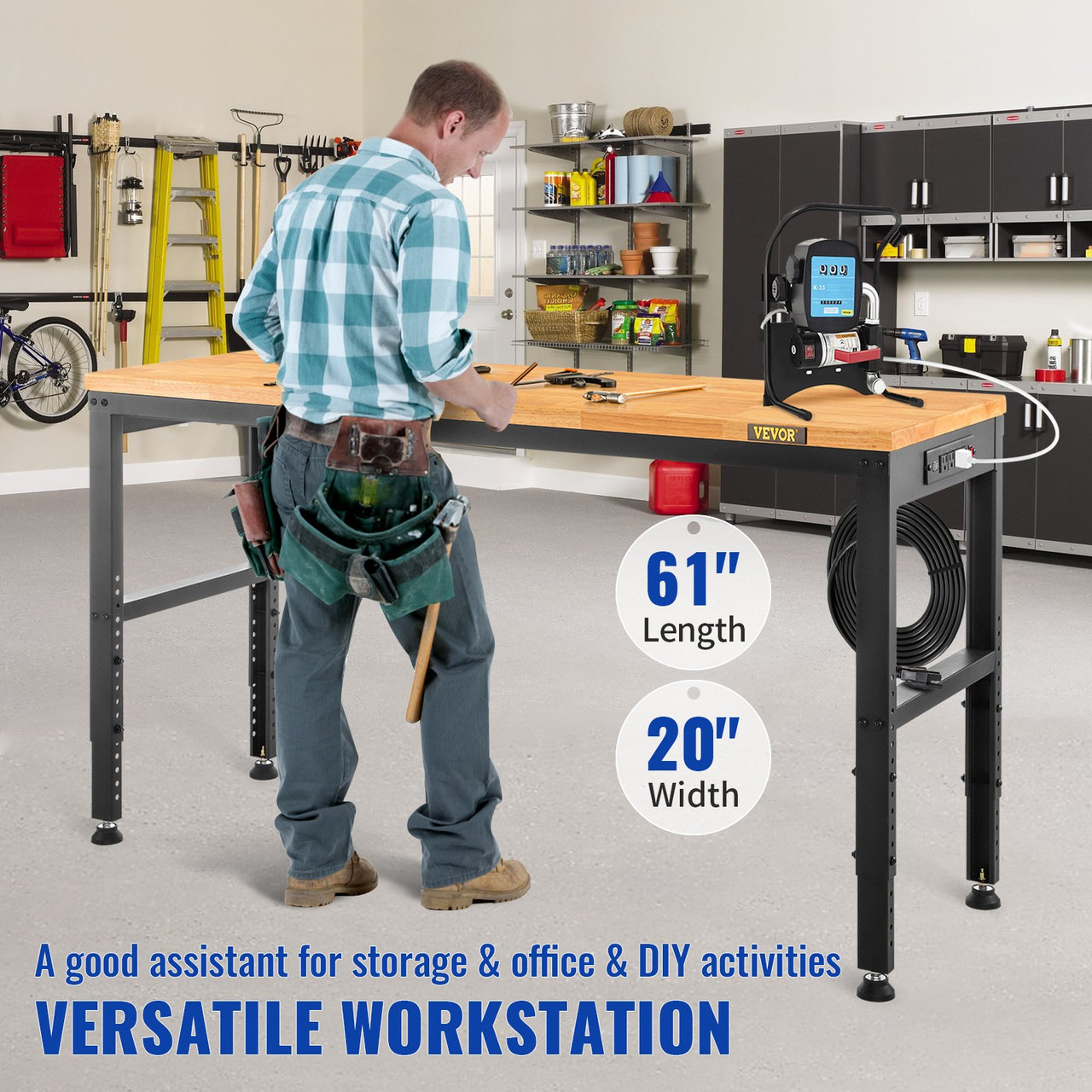 Adjustable Height Workbench 61"L x 20"W Work Bench Table w/ Power Outlets