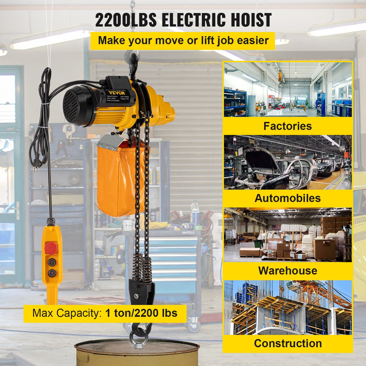 Lift Electric Hoist Electric Winch 2200lbs Remote Control 10ft Lift Height