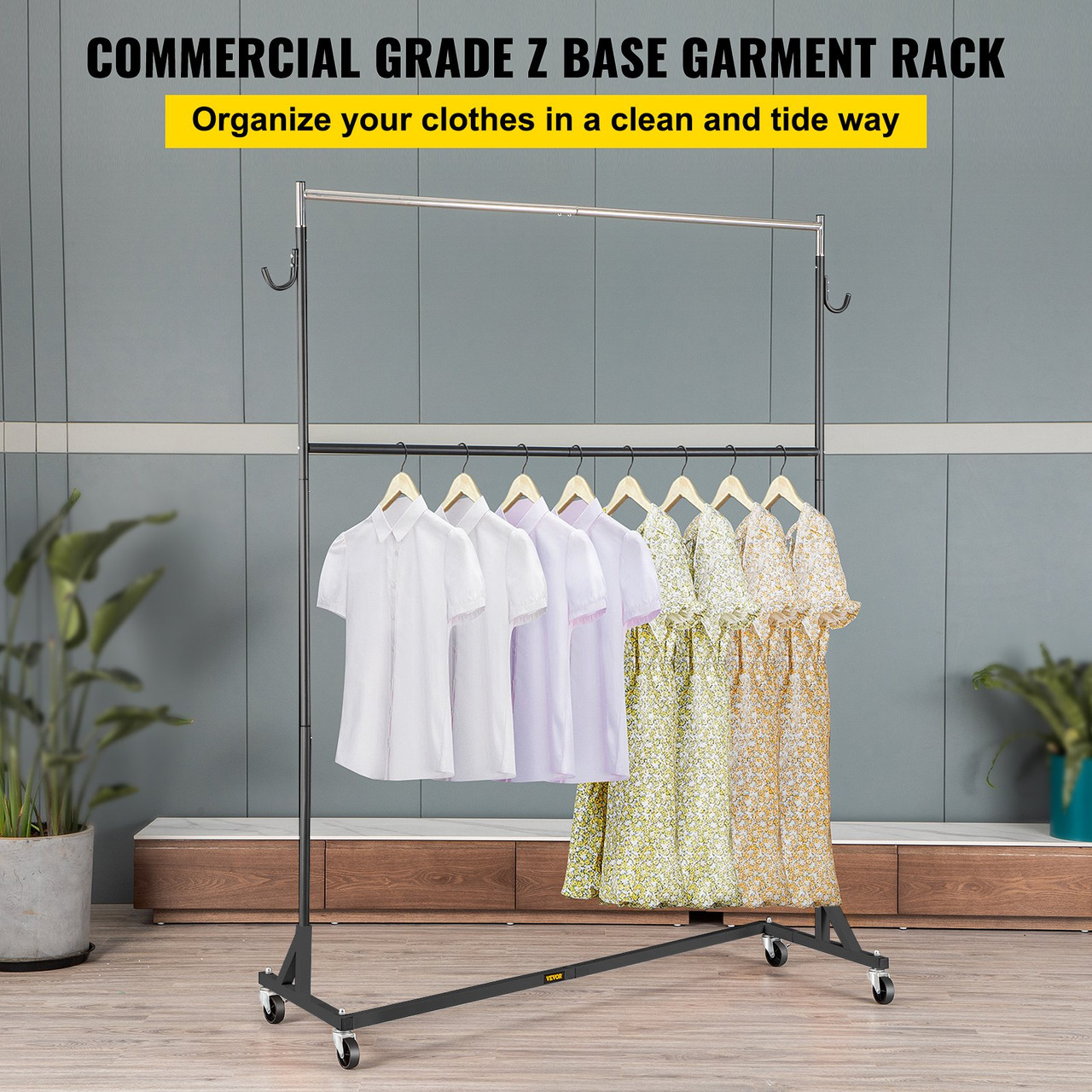Z Rack, Industrial Grade Z Base Garment Rack, Height Adjustable Rolling Z Garment Rack, Sturdy Steel Z Base Clothing Rack w/ Lockable Casters for Home Clothing Store w/ Add-on Hang Rail Black