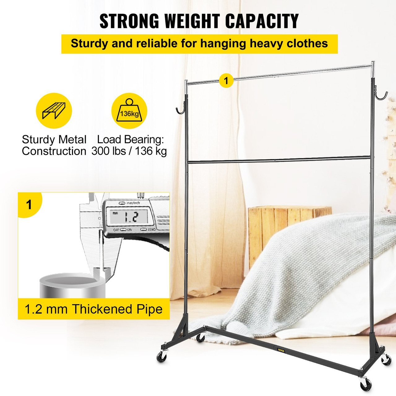 Z Rack, Industrial Grade Z Base Garment Rack, Height Adjustable Rolling Z Garment Rack, Sturdy Steel Z Base Clothing Rack w/ Lockable Casters for Home Clothing Store w/ Add-on Hang Rail Black