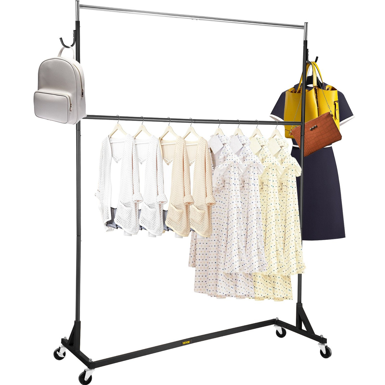 Z Rack, Industrial Grade Z Base Garment Rack, Height Adjustable Rolling Z Garment Rack, Sturdy Steel Z Base Clothing Rack w/ Lockable Casters for Home Clothing Store w/ Add-on Hang Rail Black