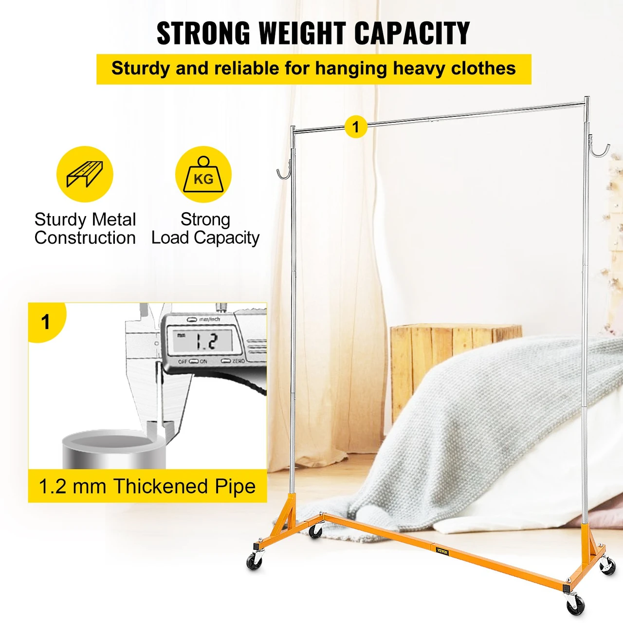 Z Rack, Industrial Grade Z Base Garment Rack, Height Adjustable Rolling Z Garment Rack, Sturdy Steel Z Base Clothing Rack w/ Lockable Casters for Home Clothing Store Display Orange (3 Sets)