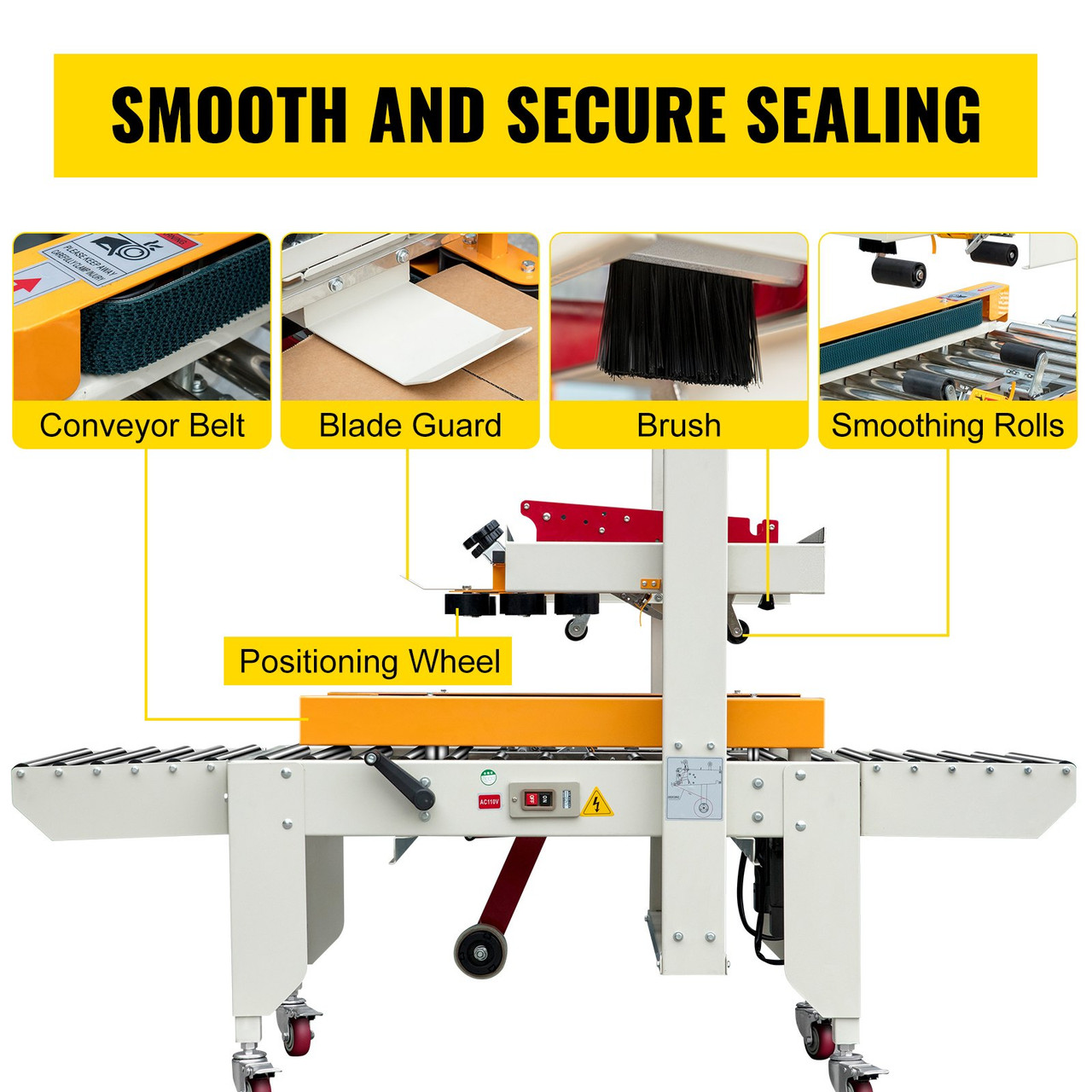 Box Sealing Machine, 180W Case Sealer, Carton Sealer 0-18 m/min in Conveying Speed, Automatic Box Sealer, Double-Flap Case Sealer, Carton Taping Machine with Four Rolls of Tape