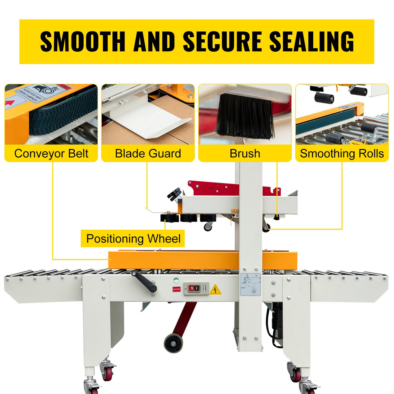 Case Sealer 180W Box Sealing Machine, Automatic Box Sealer, Double-Flap Case Sealer, Carton Sealer 0-18 m/min in Conveying Speed, Carton Taping Machine with Four Rolls of Tape