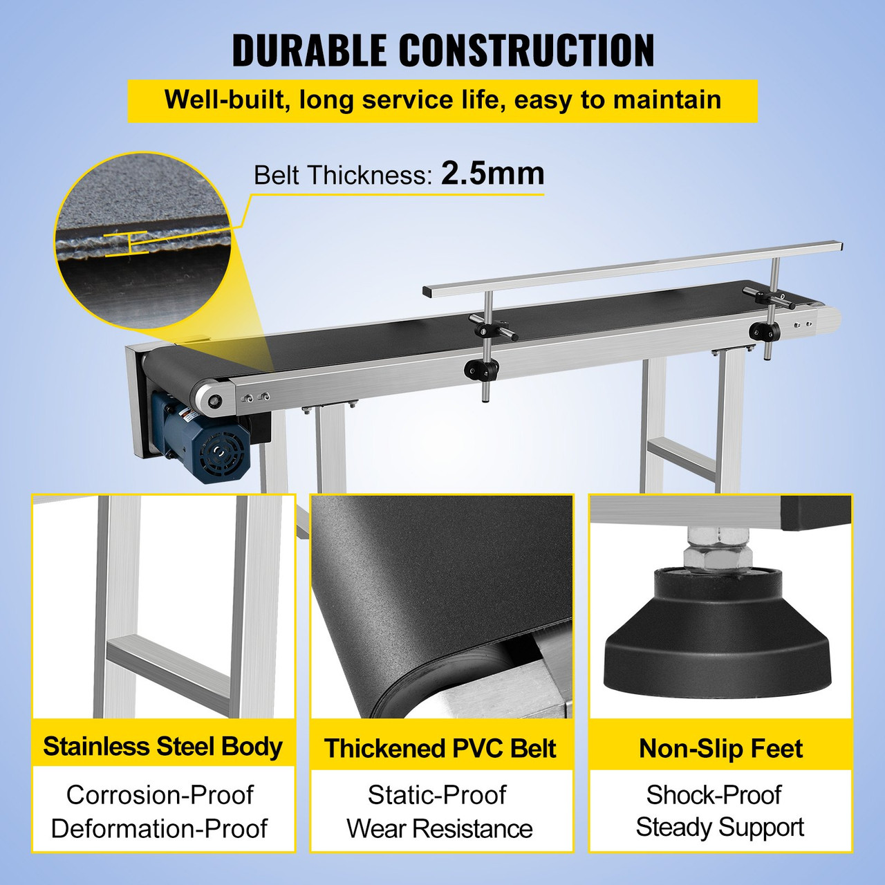 PVC Belt Conveyor 59Inch Length, Electric PVC Conveyor 7.8 Width, 110V Adjustable Automatic Speed, Conveyor Machine with Single Guardrails, in Stainless Steel, Industrial Transport Equipment