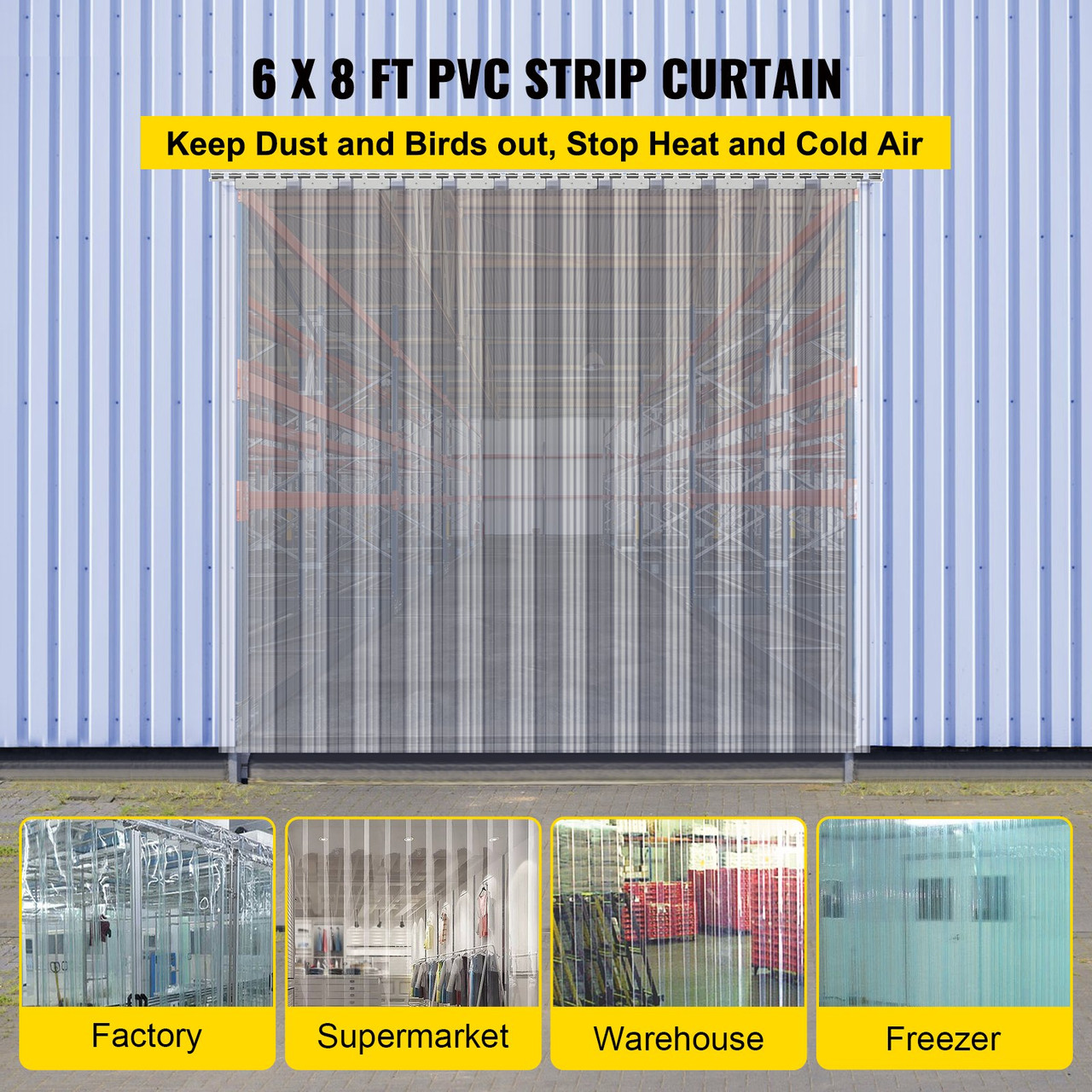 Plastic Curtain, 6ft Width x 8ft Height Plastic Strip Curtain, Clear PVC Freezer Curtain, 0.08in Thickness Plastic Door Strip w/Over 50% Overlap for Walk-in Freezers, Warehouse and Clean Rooms
