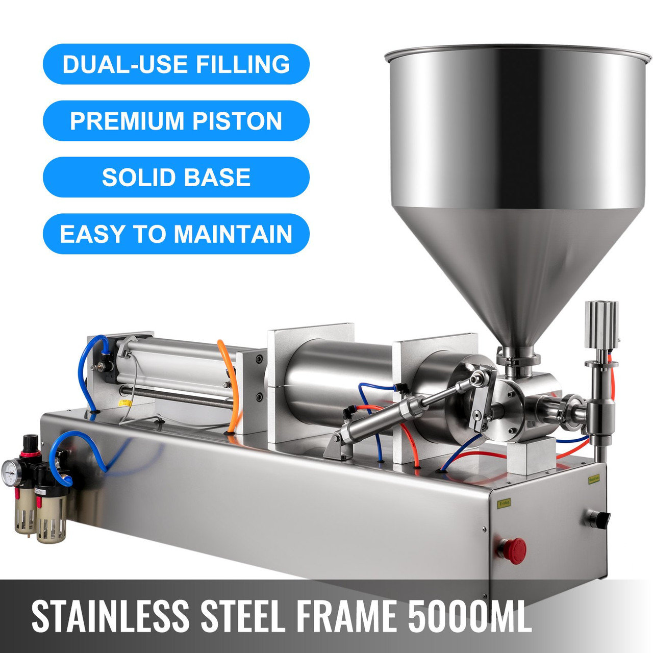 Pneumatic Liquid Paste Filling Machine 1000-5000ml, Dual-use Cream Paste Filling Machine 40L Hopper, Paste Filler Stainless Steel Piston for Toothpaste Cream Shampoo