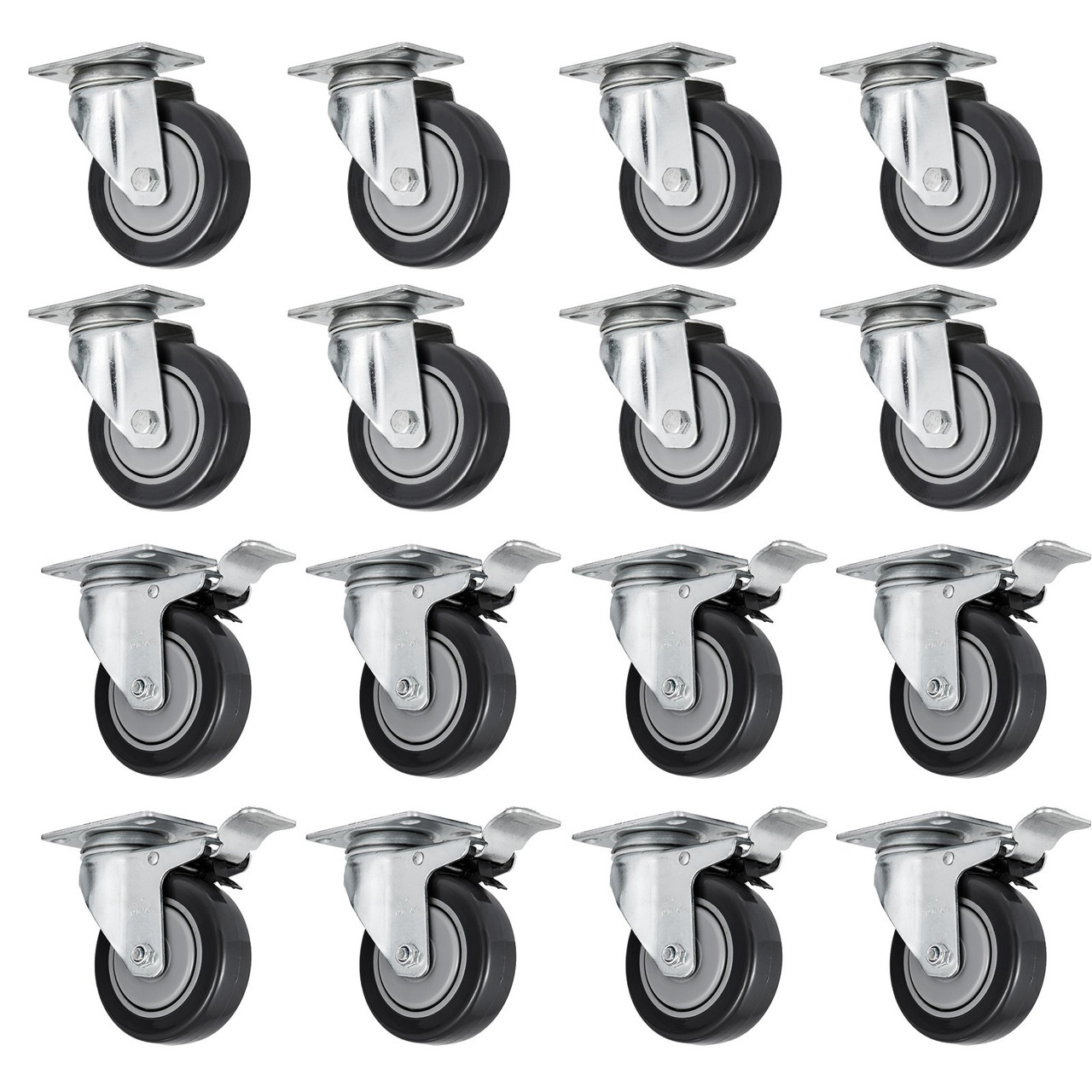 Set Of 16 Swivel Plate Casters With 4" Polyurethane Wheels & 8 Side Brakes