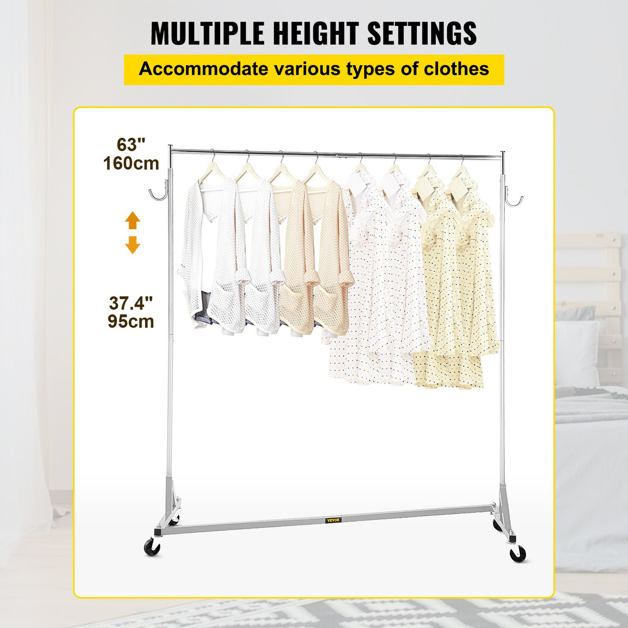 Z Rack, Industrial Grade Z Base Garment Rack, Height Adjustable Rolling Z Rack, Sturdy Steel Z Base Clothing Rack w/ Lockable Casters for Home Garment Store Display Commercial Use (Silver)