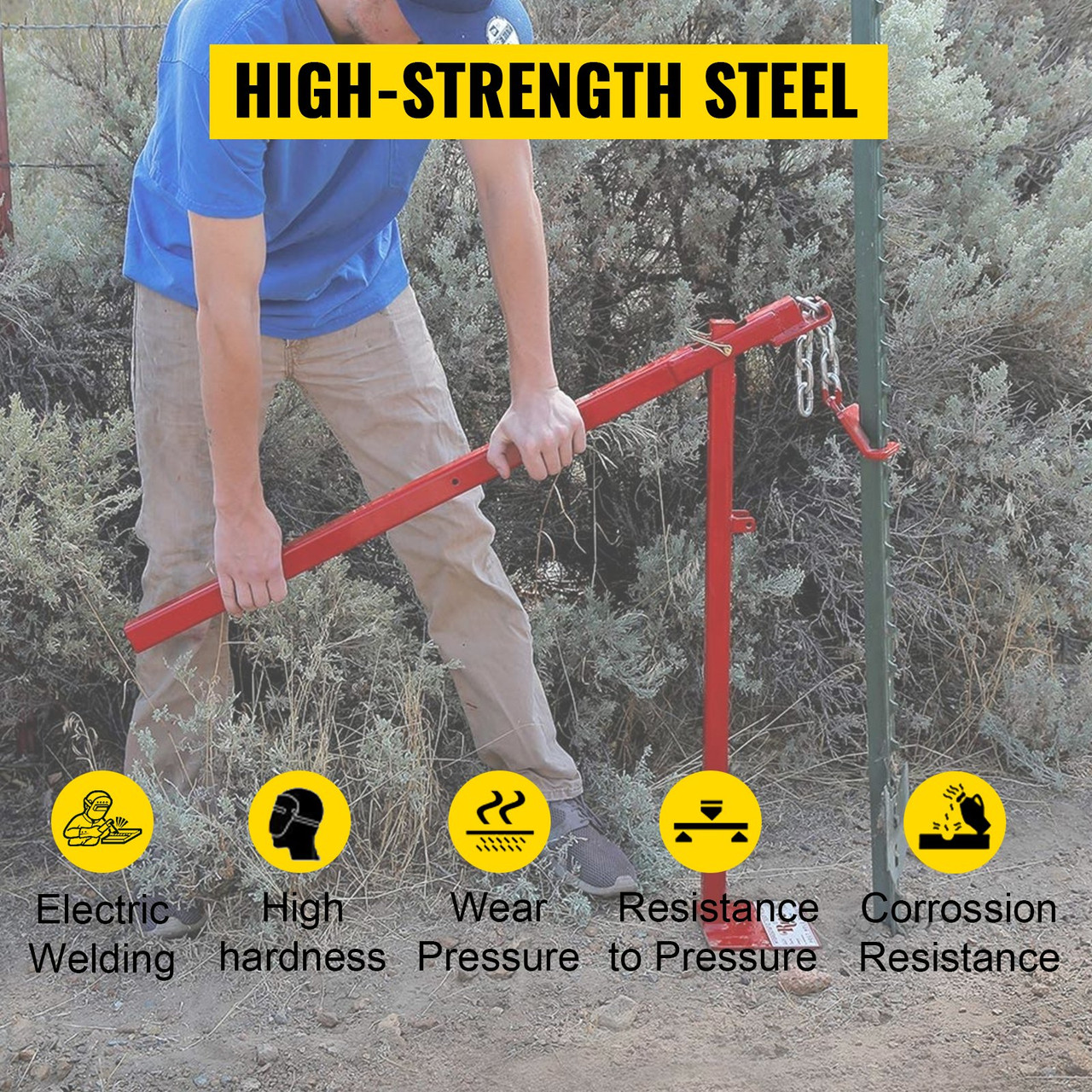 T Post Remover Puller, 15 3/4" Long Chain T Post Puller, 32" Standing Frame Fence Post Puller Set with Lifting Chain Puller, T Stake Puller for Round Fence Posts, Metal, Sign Posts & Tree Stump