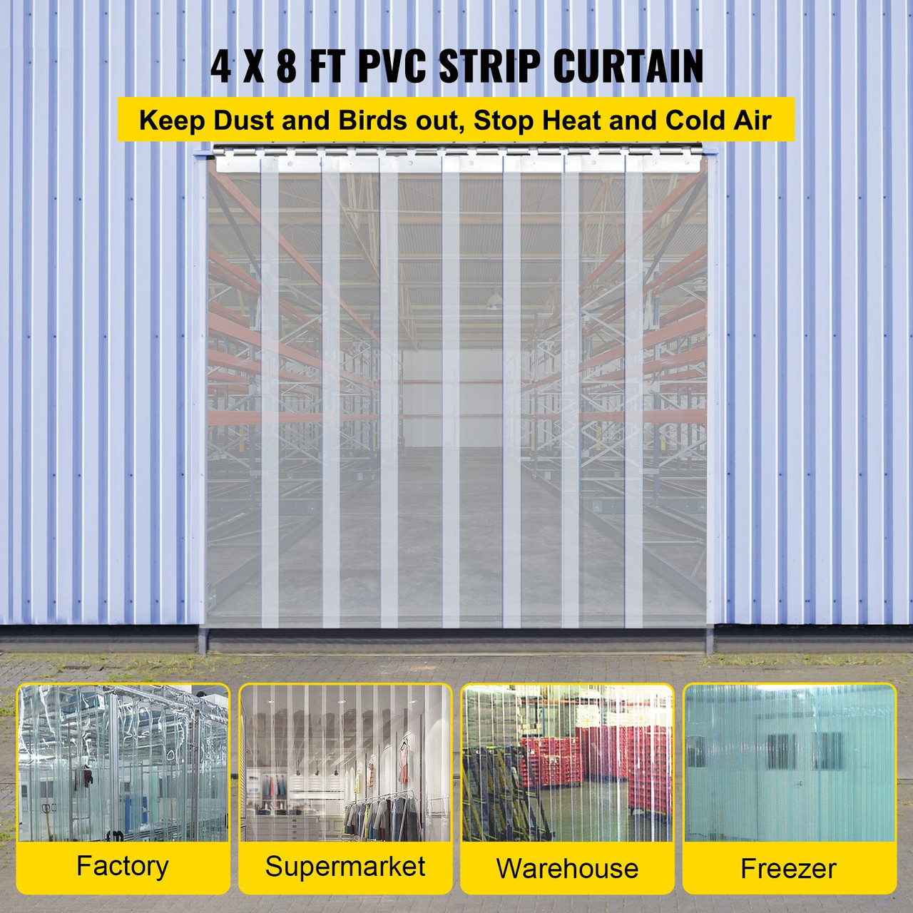 Plastic Curtain, 4ft Width x 8ft Height Plastic Strip Curtain, Clear PVC Freezer Curtain, 0.08in Thickness Plastic Door Strip w/Over 50% Overlap for Walk-in Freezers, Warehouse and Clean Rooms