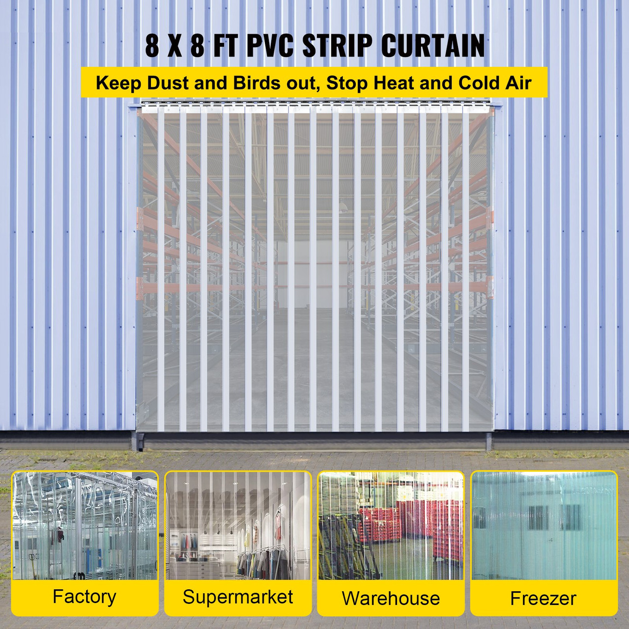 Plastic Curtain, 8ft Width x 8ft Height Plastic Strip Curtain, Clear PVC Freezer Curtain, 0.08in Thickness Plastic Door Strip w/Over 50% Overlap for Walk-in Freezers, Warehouse and Clean Rooms
