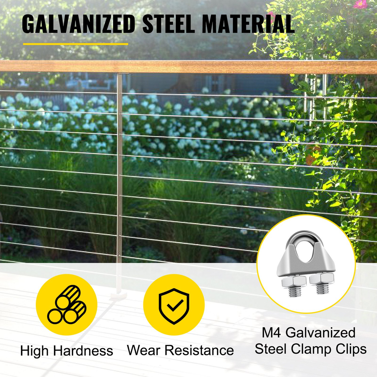 Galvanized Steel Cable, 3/16'' Aircraft Cable, 249ft Galvanized Cable 7x19 Construction Steel Wire Cable w/Cable Clamps, 4400lb Breaking Strength for Railing Decking, Lifting, Hanging, Fencing