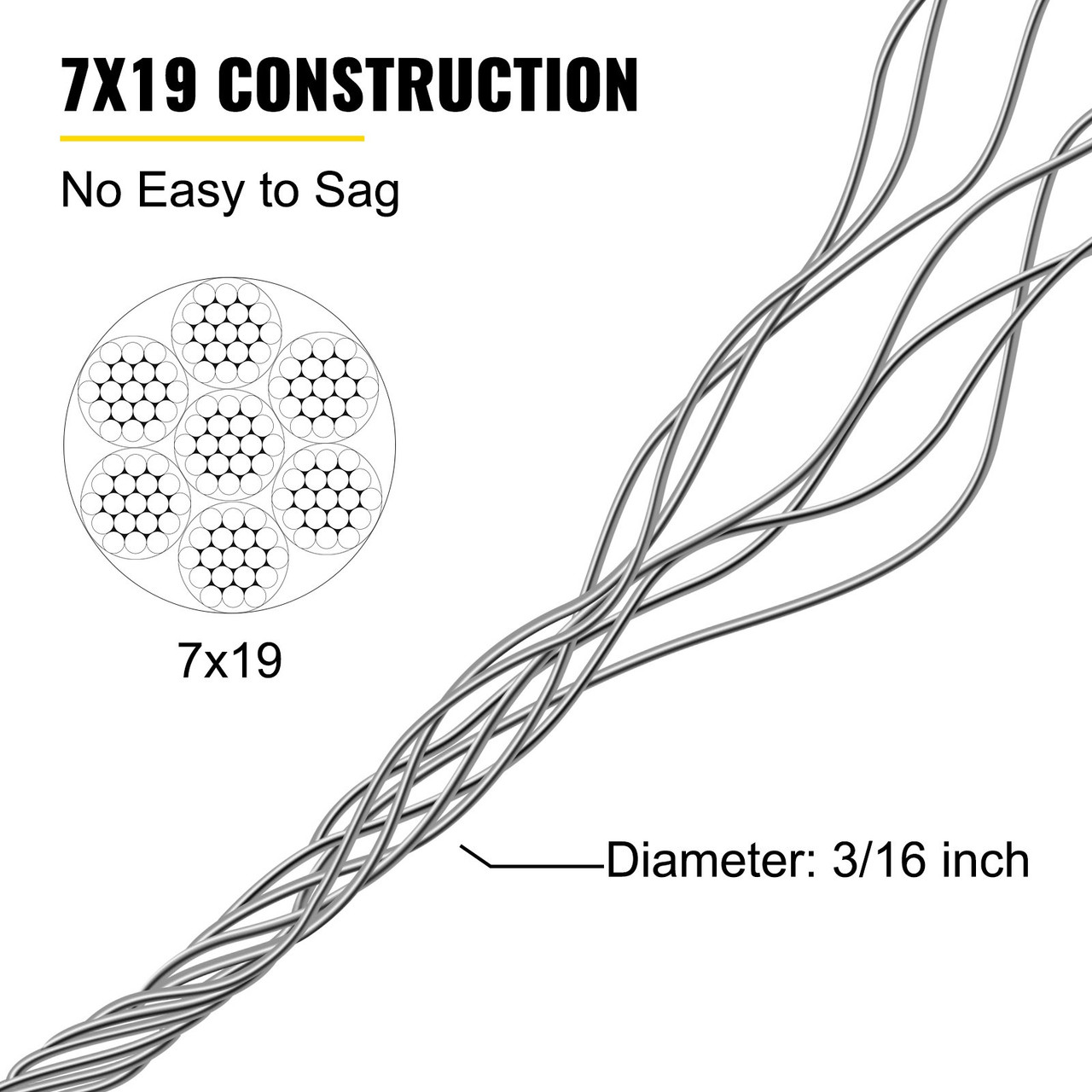 Galvanized Steel Cable, 3/16'' Aircraft Cable, 249ft Galvanized Cable 7x19 Construction Steel Wire Cable w/Cable Clamps, 4400lb Breaking Strength for Railing Decking, Lifting, Hanging, Fencing