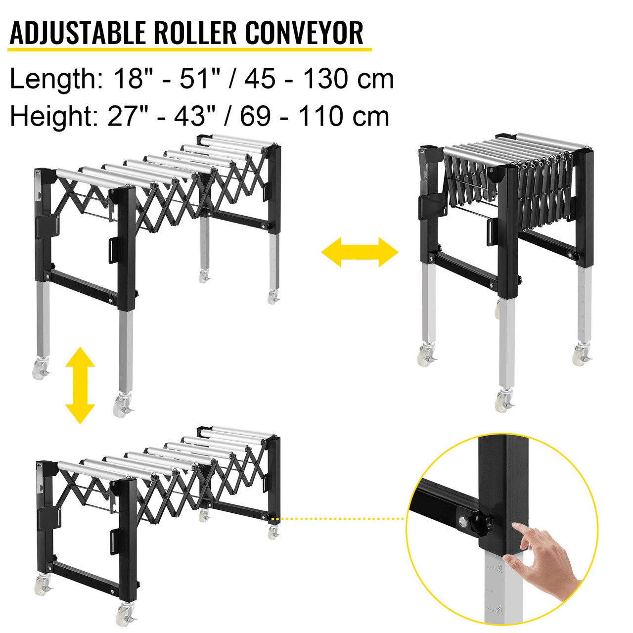 Expandable Gravity Roller Conveyor 18-51" Length 27-43" Height 110lbs Load