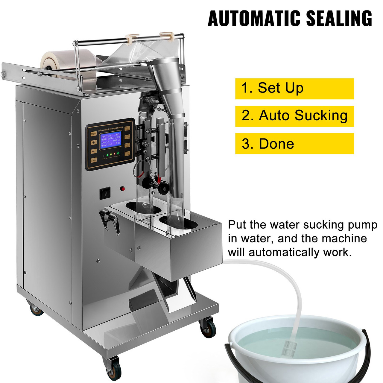Automatic Liquid Sealing Machine Food-Grade Stainless Steel Weighing Filling Machine 5-160 ml Liquid Quantitative Dispenser, with 20-40 Bags/Min Sauce Packing, Trilateral Sealing for Oil/Milk