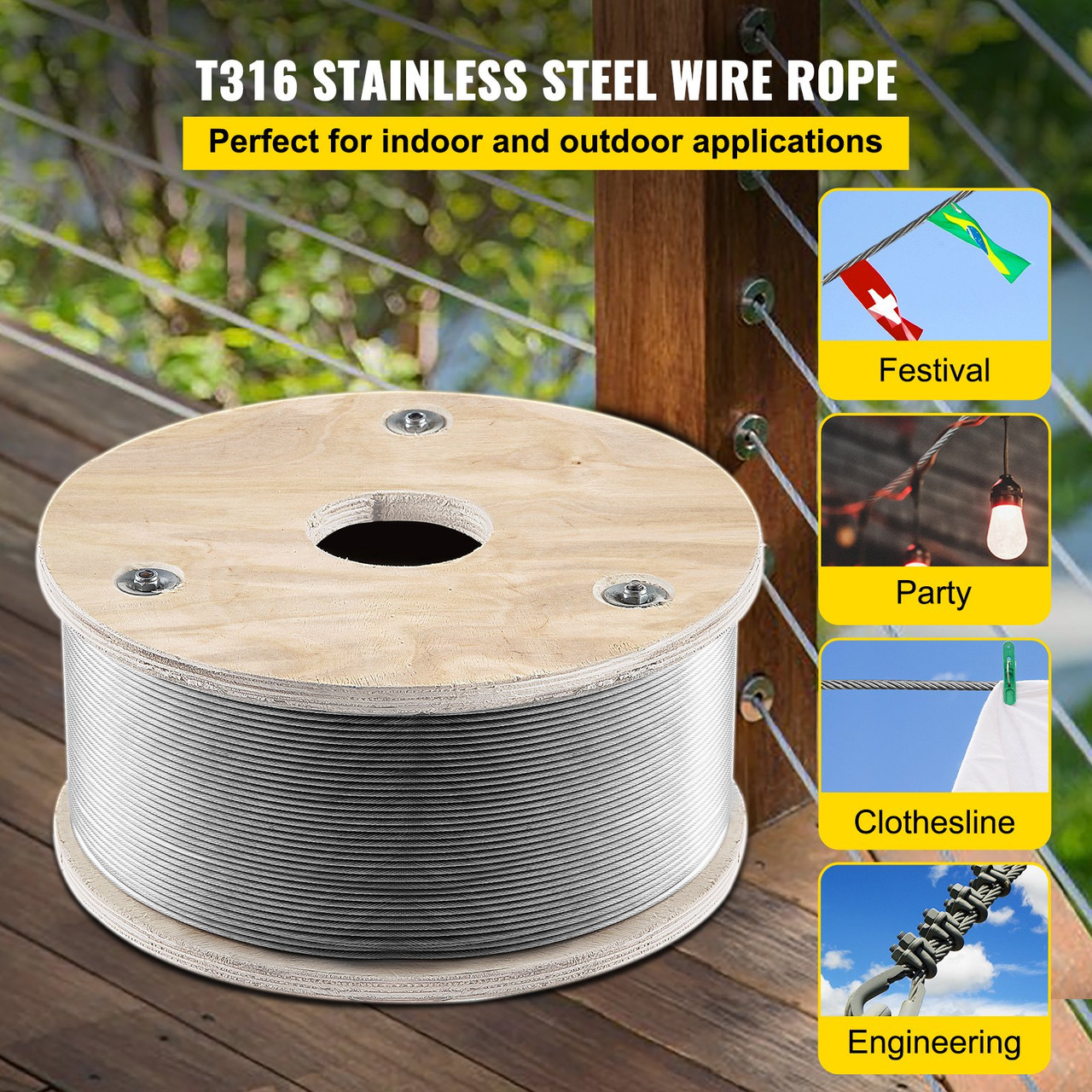 316 Stainless Steel Wire Rope, 1/8'' Steel Wire Cable, 1000ft Aircraft Cable w/ 1x19 Strands Core, Steel Cable Wire 2100lb Breaking Strength for Railing Decking, Stair, Clothesline, Handrail