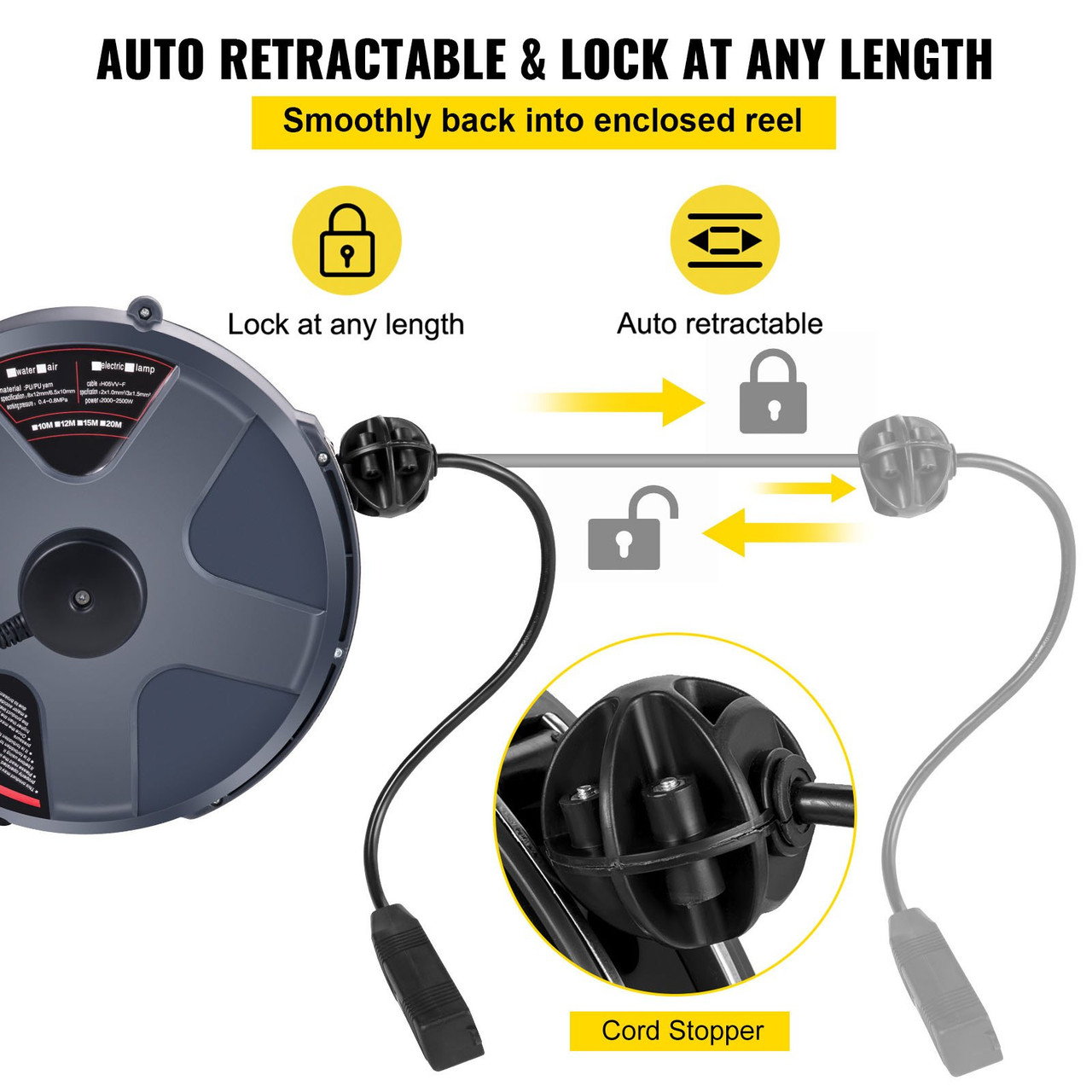 Auto retractable electrical extension power cord reels 2 meters