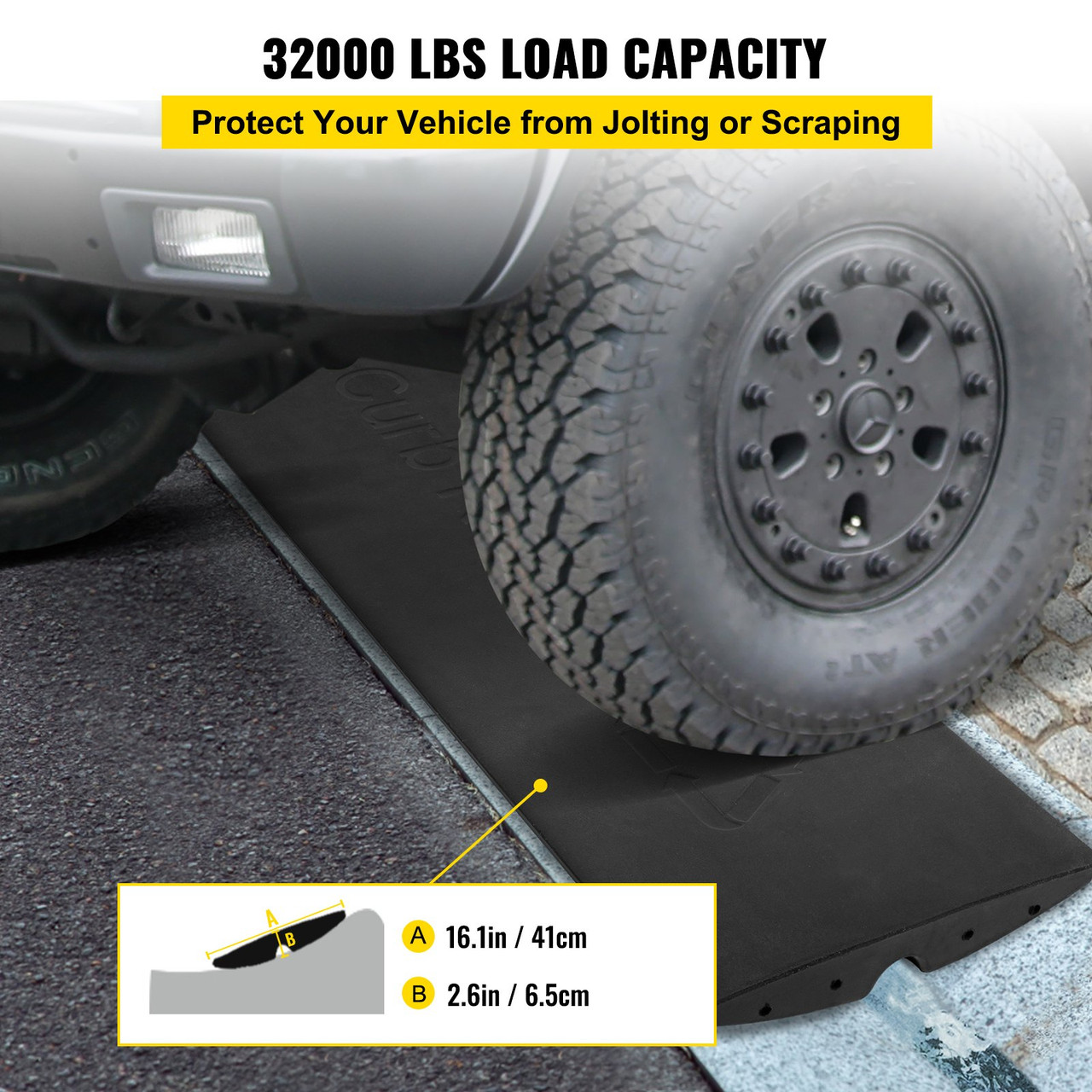 Curb Ramp, 1 Pack Rubber Driveway Ramps, Heavy Duty 32000 lbs Weight Capacity Threshold Ramp, 2.6 inch High Curbside Bridge Ramps for Loading Dock Garage Sidewalk, Expandable Full Ramp Set
