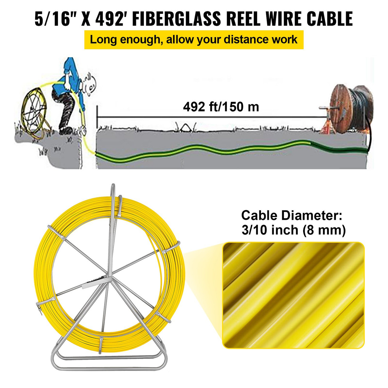 Duct Rodder Fish Tape 492 ft Fiberglass + ABS Fiberglass Fish Tape with Durable Iron Reel Stand