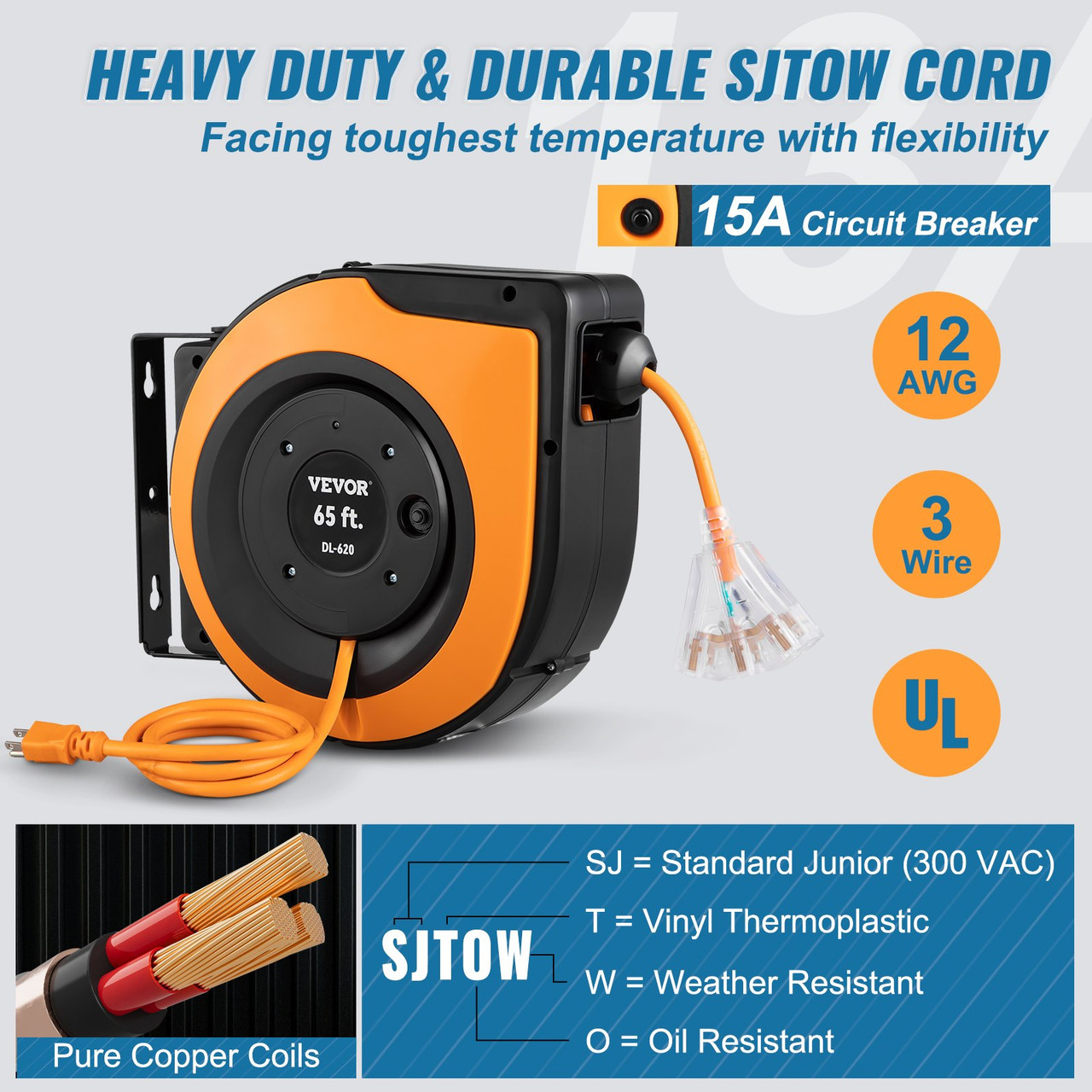 VEVOR Retractable Extension Cord Reel, 65 ft, Heavy Duty 12AWG/3C Sjtow Power Cord, with Lighted Triple Tap Outlet, 15 Amp Circuit Breaker, 180°