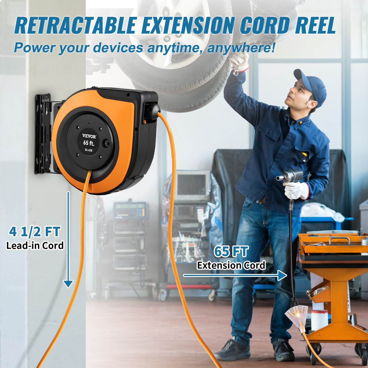 Retractable Extension Cord Reel Power Cord Reel 65FT 12AWG/3C SJTOW UL