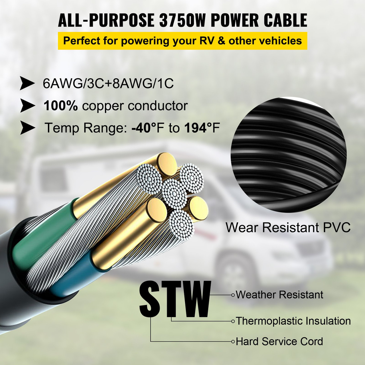 RV Power Cord 50 ft 50 amp RV Extension Cord 14-50P to SS2-50R Rain Proof