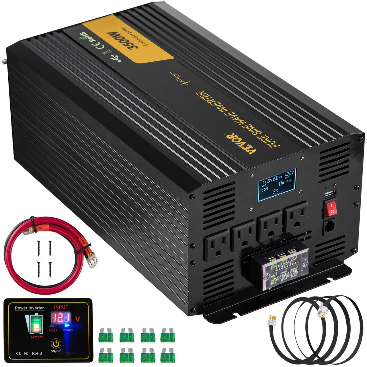 Pure Sine Wave Inverter 3500 Watt Power Inverter, DC 12V to AC 120V Car Inverter, with USB Port LCD Display Remote Controller and AC Outlets (GFCI), for RV Truck Car Solar System Travel Camping