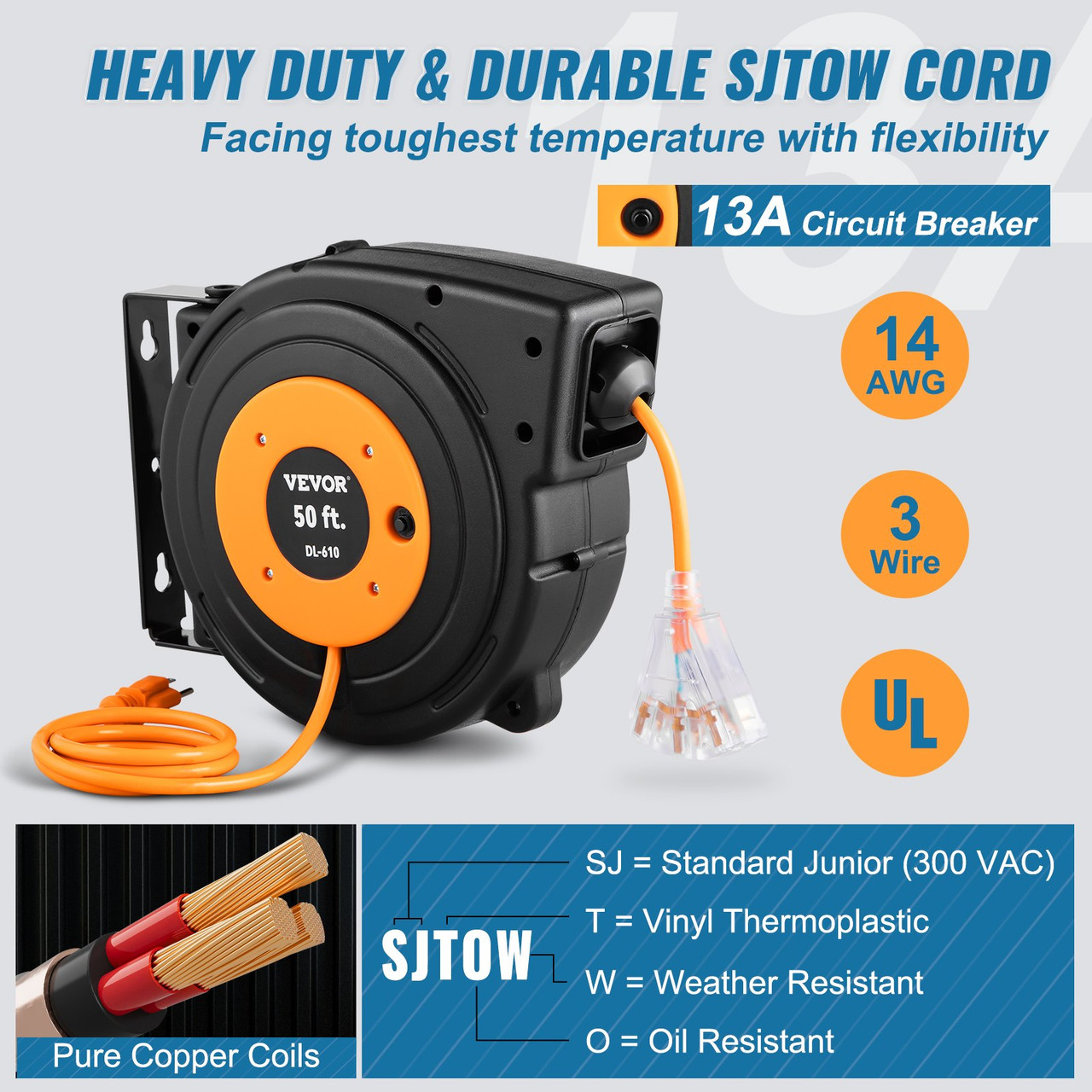 VEVOR Retractable Extension Cord Reel 50 ft Heavy Duty 14AWG/3C Sjtow Power Cord with Lighted Triple Tap Outlet, 13 Amp Circuit Breaker 180° Swivel
