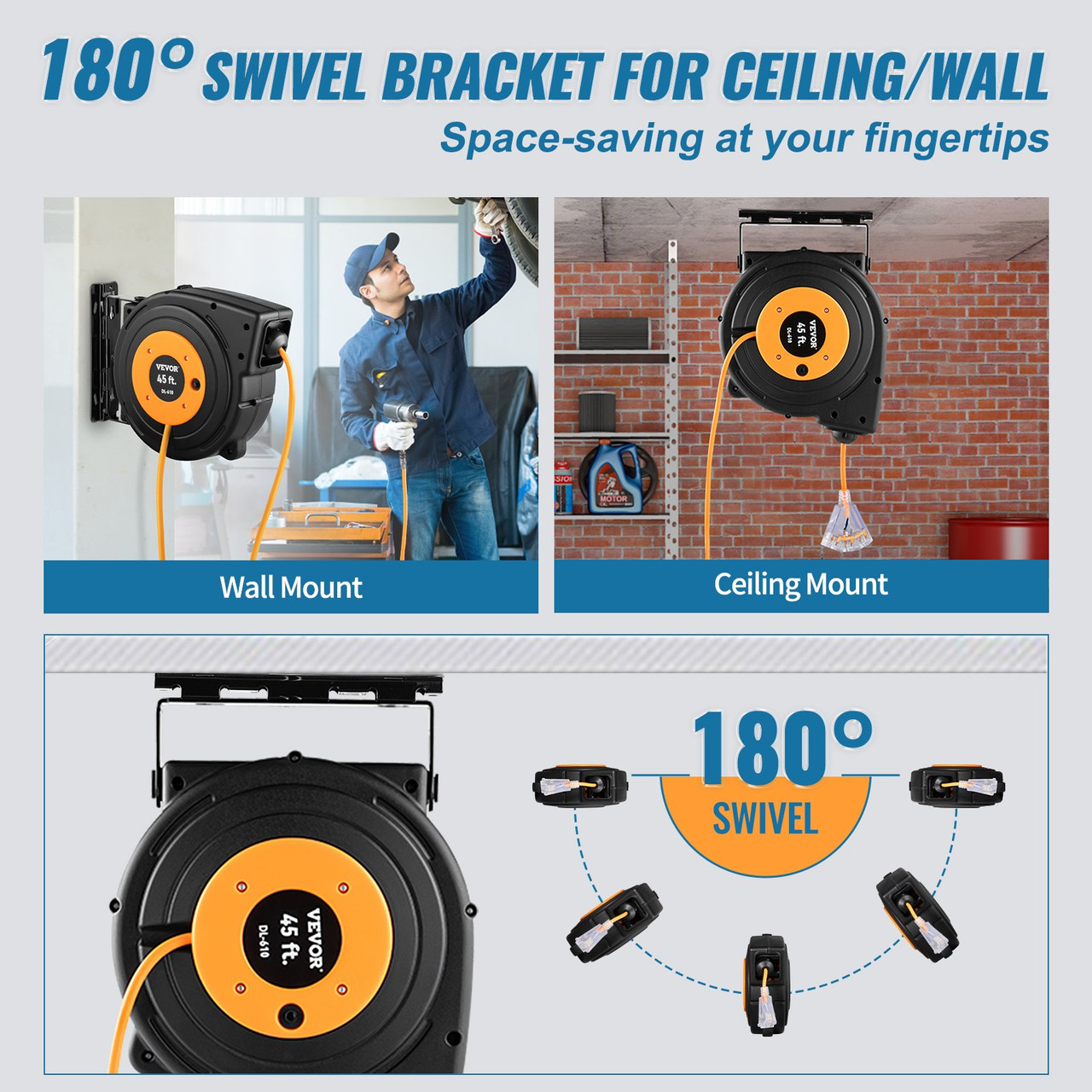 Retractable Extension Cord Reel Power Cord Reel 45FT 12AWG/3C SJTOW UL