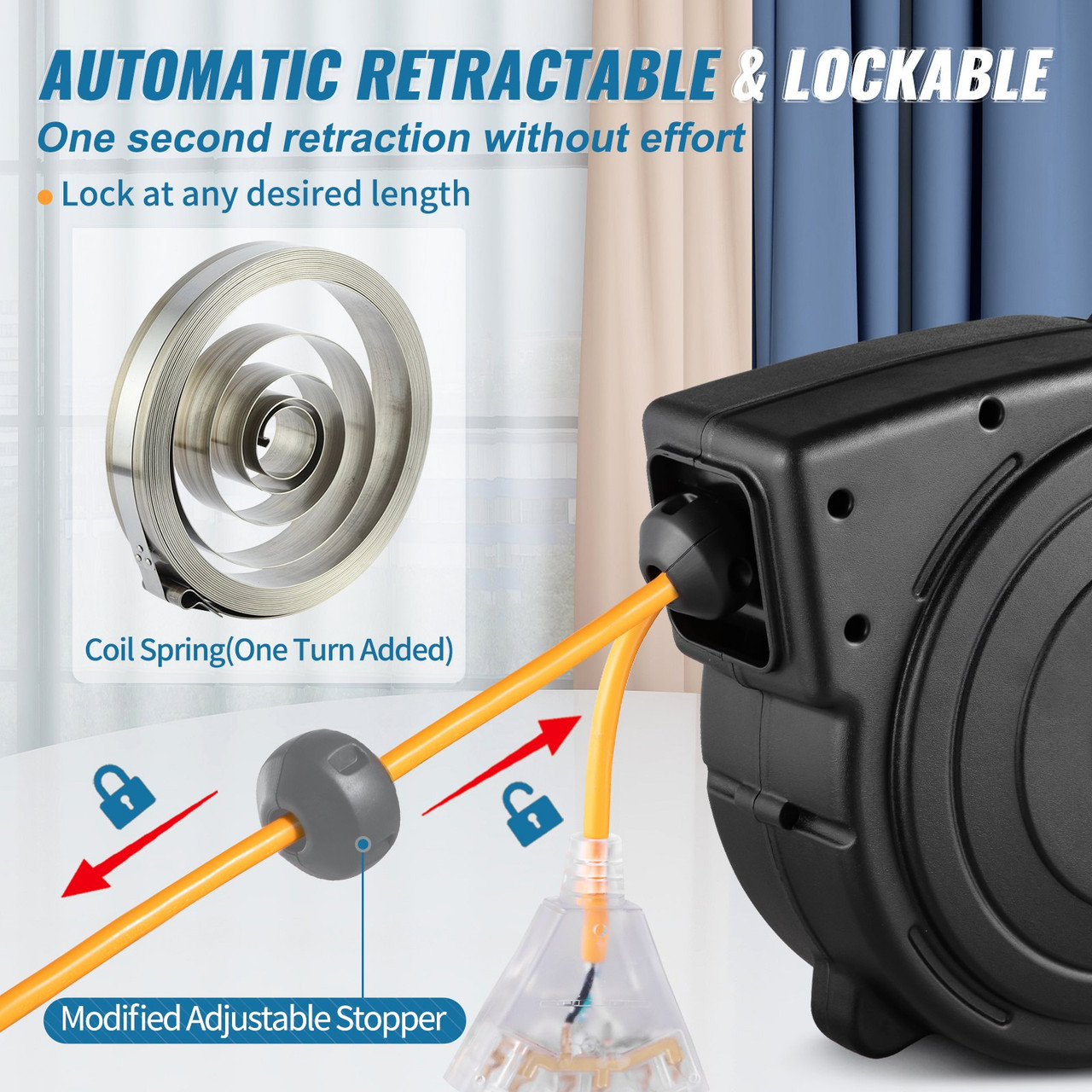 Retractable Extension Cord Reel Power Cord Reel 45FT 12AWG/3C SJTOW UL