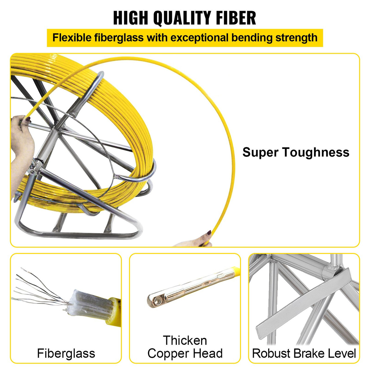 Fish Tape Fiberglass 6mm 656ft Reel Wire Cable Running Rod Fishtape Puller