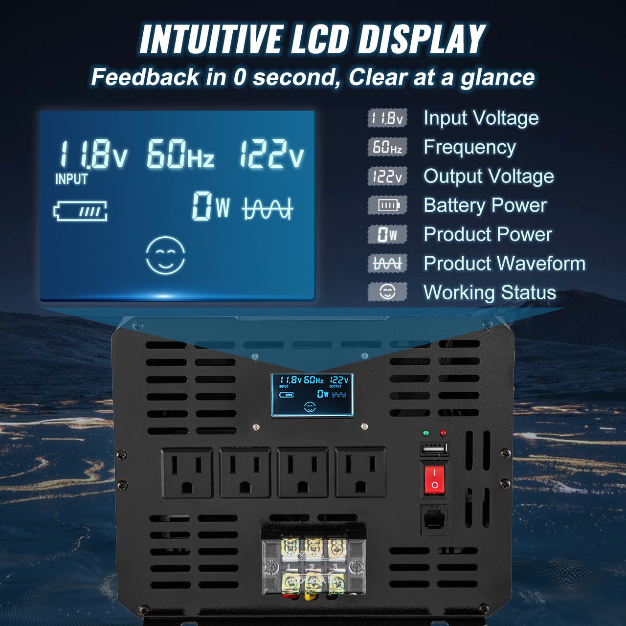 Pure Sine Wave Inverter, 5000 Watt Power Inverter, DC 12V to AC 120V Car Inverter, with LCD Display, USB Port and Remote Controller, Power Converter for Car RV Truck Solar System Travel Camping