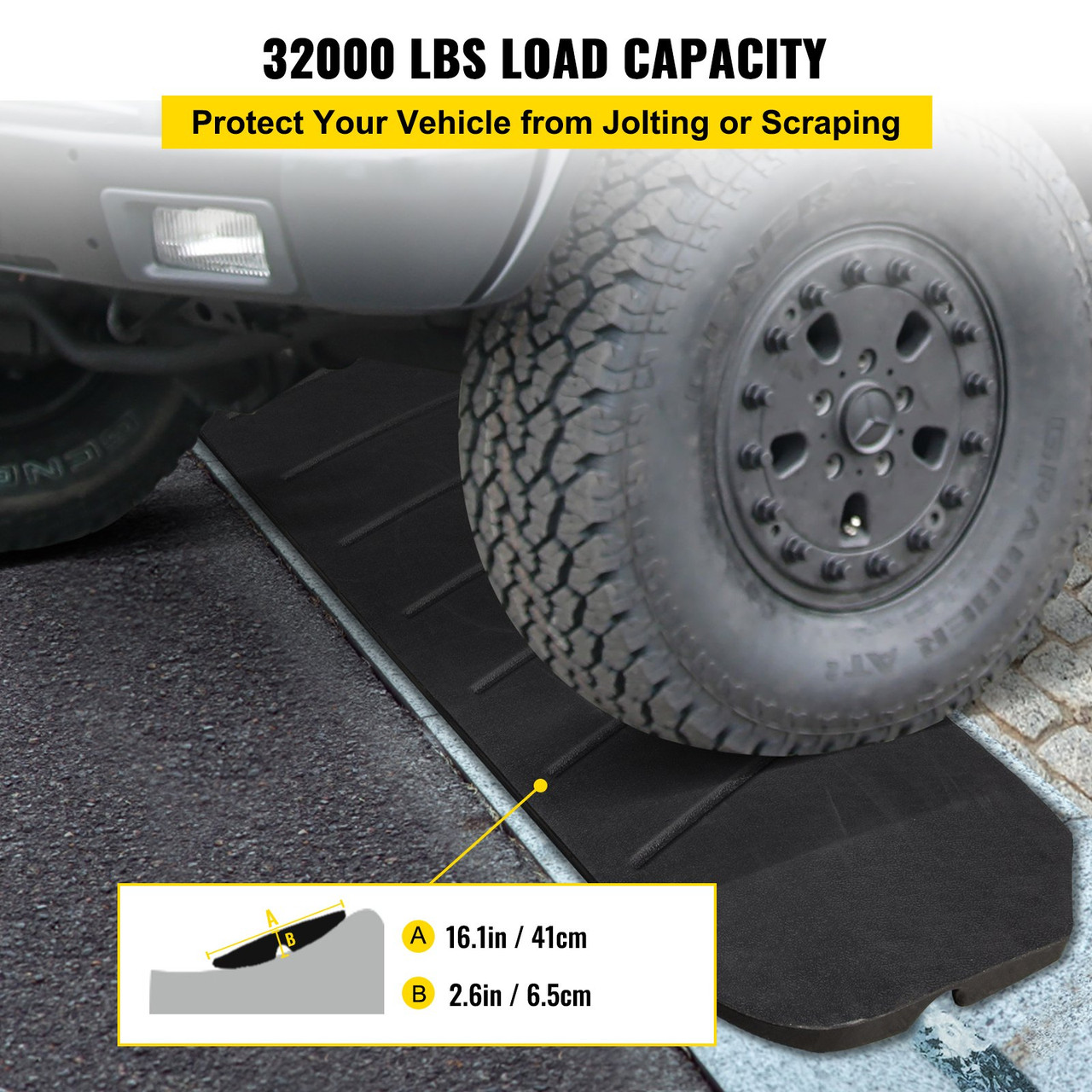 Curb Ramp, 2 Pack Rubber Driveway Ramps, Heavy Duty 32000 lbs Weight Capacity Threshold Ramp, 2.6 inch High Curbside Bridge Ramps for Loading Dock Garage Sidewalk, Expandable Full Ramp Set