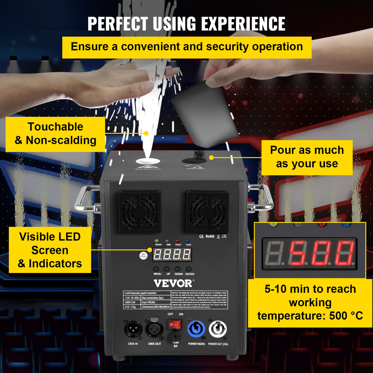 500W DMX Mini Cold Spark Machine Indoor Firework Machine for Stage 5-8.2ft