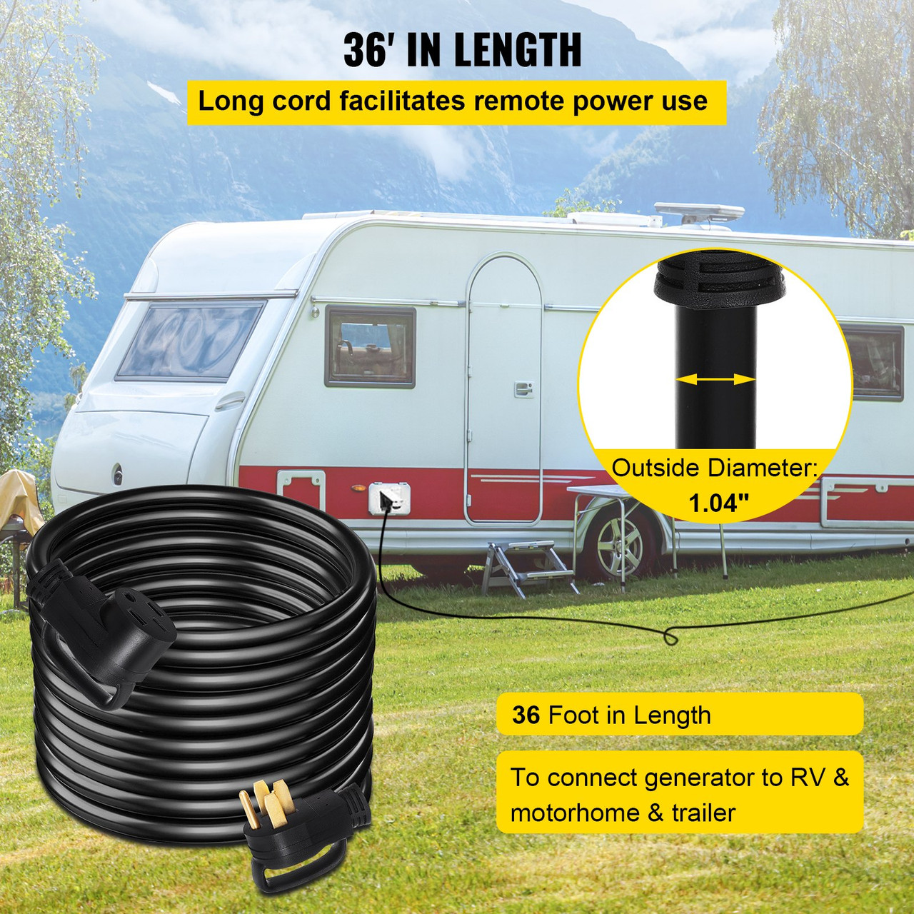 Heavy Duty 36 ft 50 Amp RV Extension Cord Power Supply Cable w/Molded Connector&Handles 125 / 250V