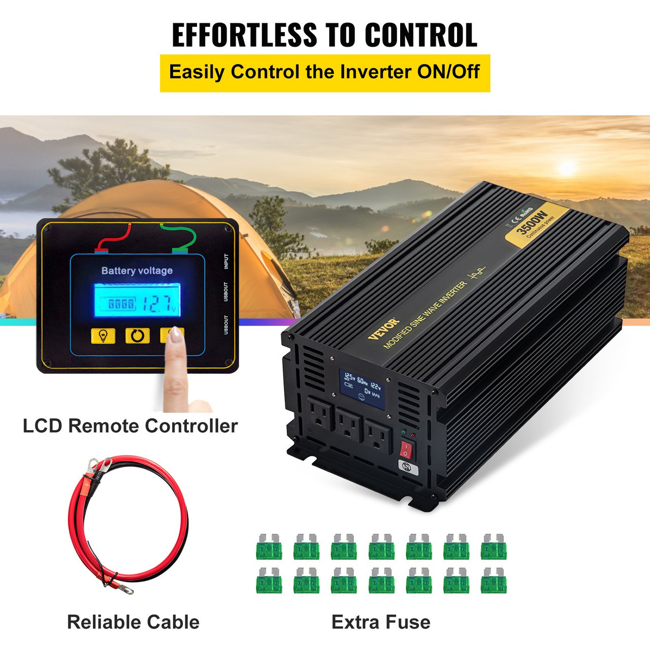 Power Inverter, 3500W Modified Sine Wave Inverter, DC 12V to AC 120V Car Converter, with LCD Display, Remote Controller, LED Indicator, AC Outlets Inverter for Truck RV Car Boat Travel Camping