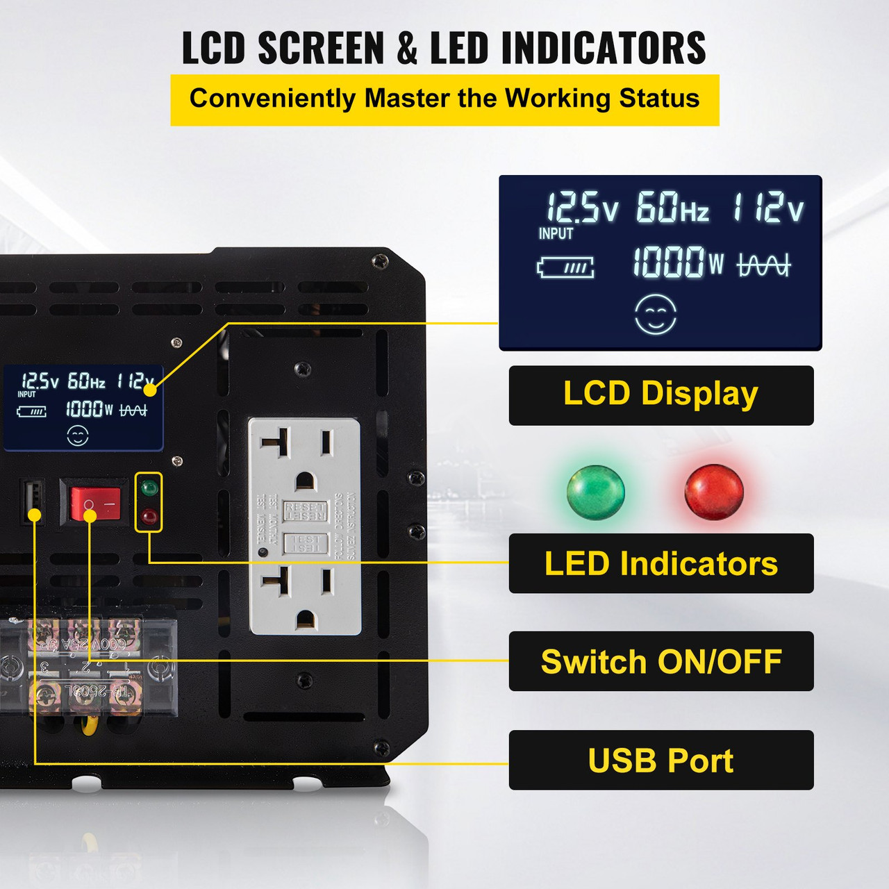 Power Inverter, 5000W Modified Sine Wave Inverter, DC 12V to AC 110V Car Converter, with LCD Display, Remote Controller, LED Indicator, GFCI Outlets Inverter for Truck RV Car Boat Travel Camping