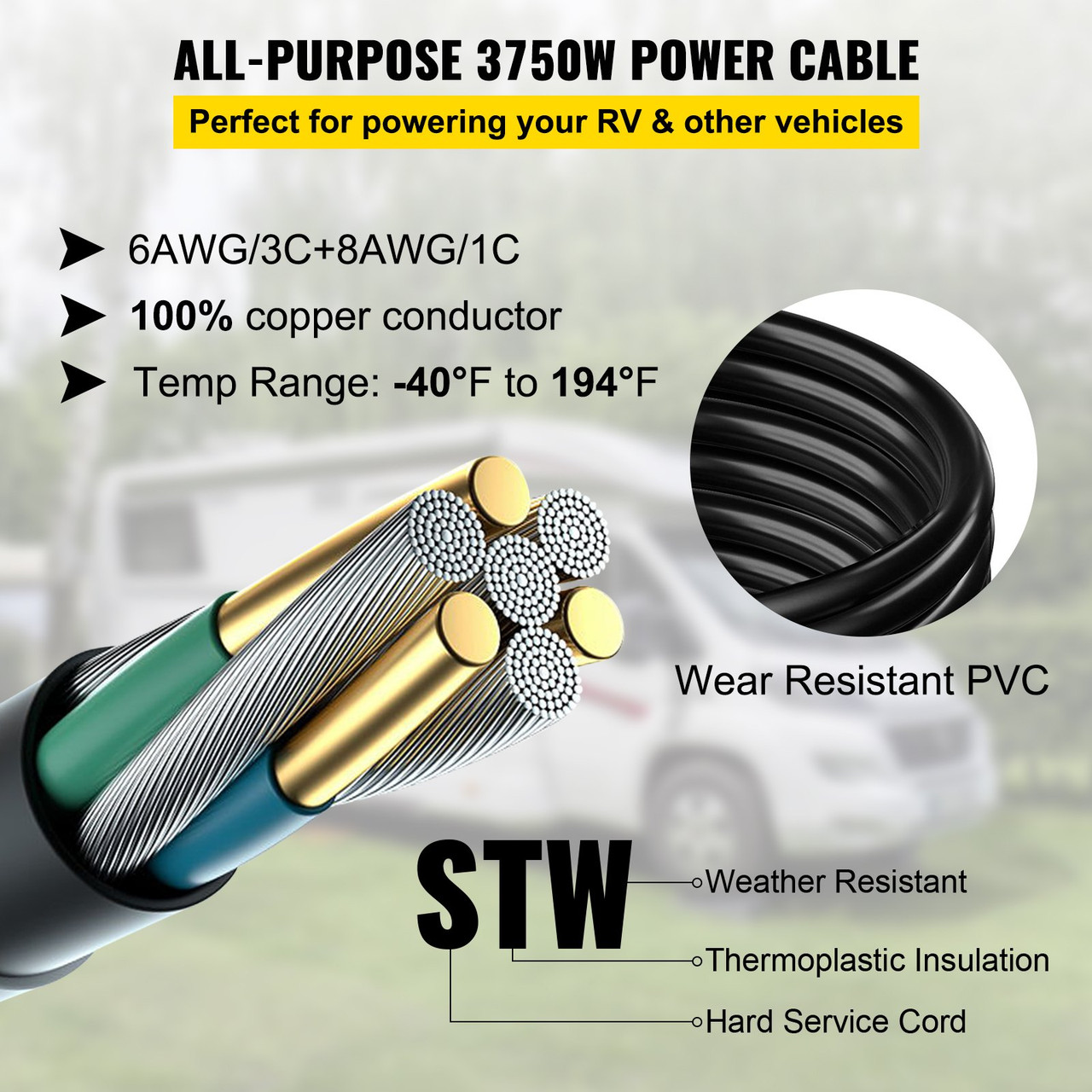 RV Power Cord 36 ft 50 amp RV Extension Cord 14-50P to SS2-50R Rain Proof